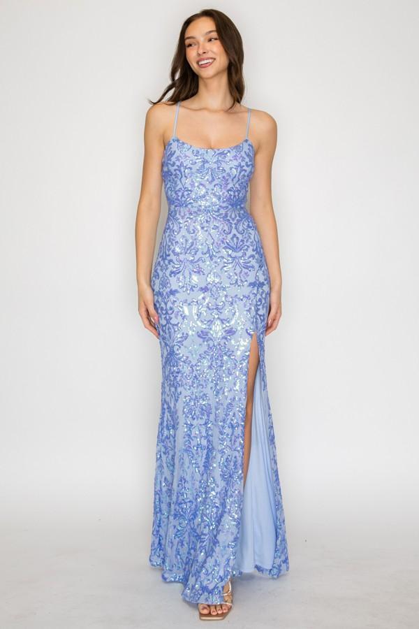 Periwinkle Holo Sequin Scoop Neck Mermaid Maxi Dress