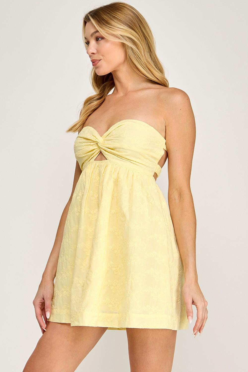 Lemon Twisted Front Embroidered Mini Dress