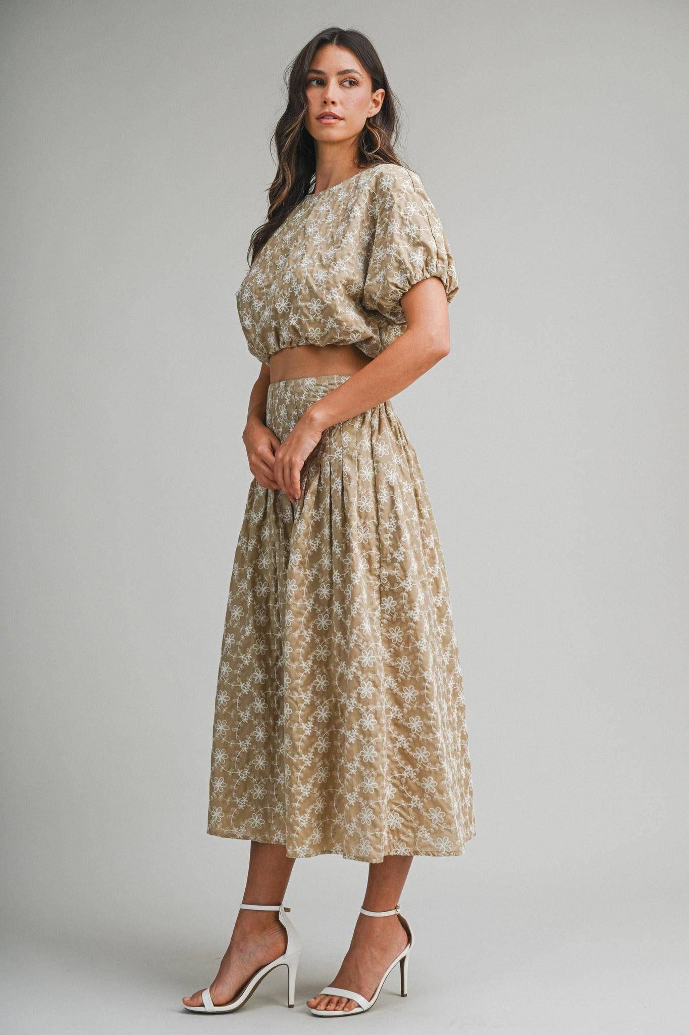 Embroidered Puff Crop Top And Midi Skirt Set