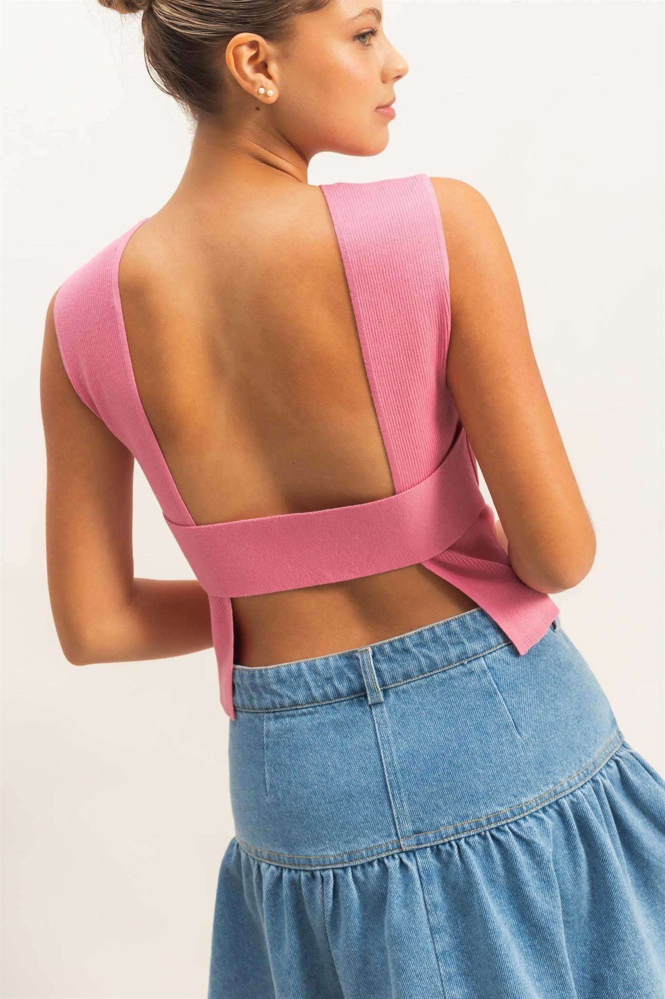 Ribbed Crew Neck Sleeveless Open Back Top