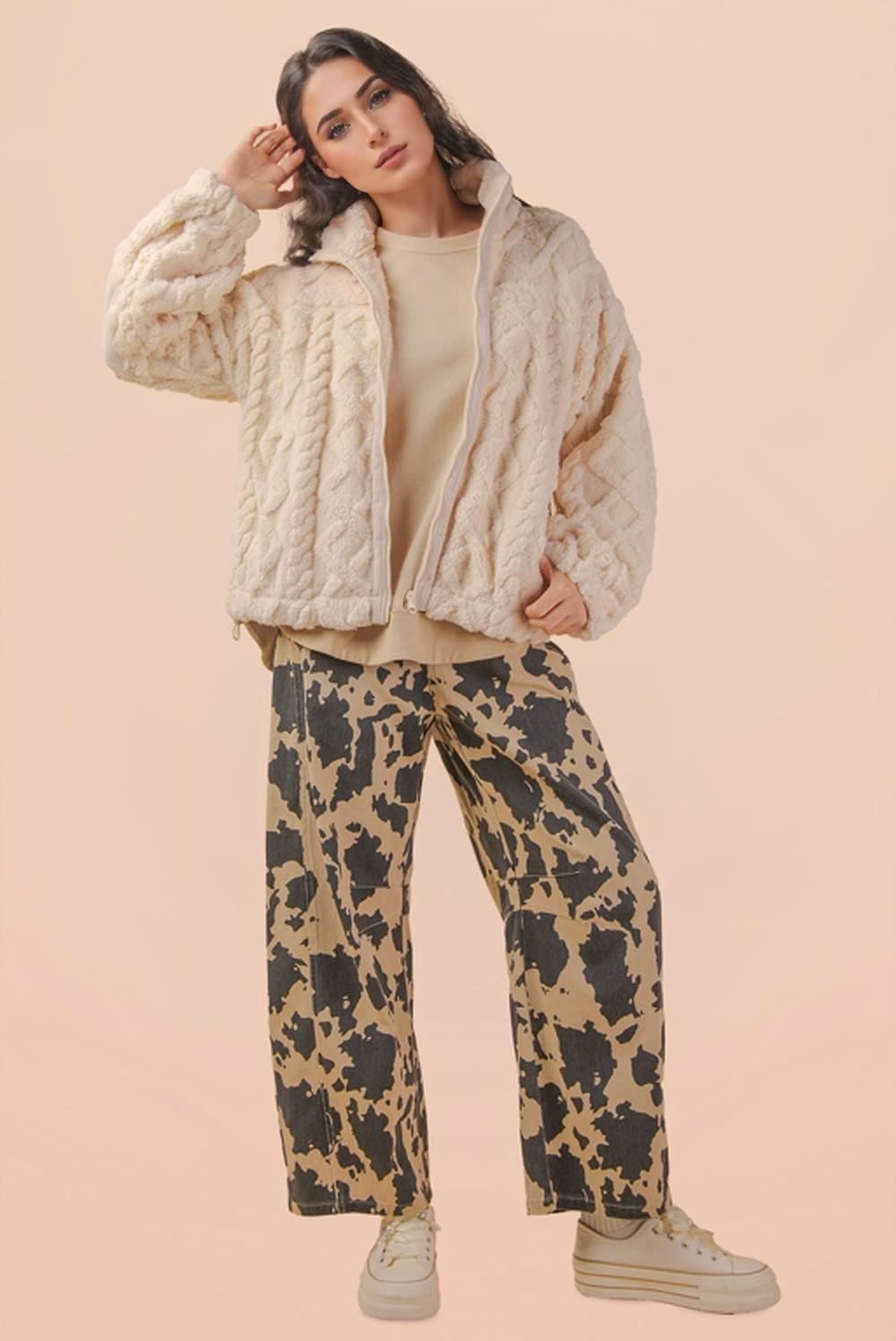 Ecru Fuzzy Fleece Cable Knit Pattern Jacket