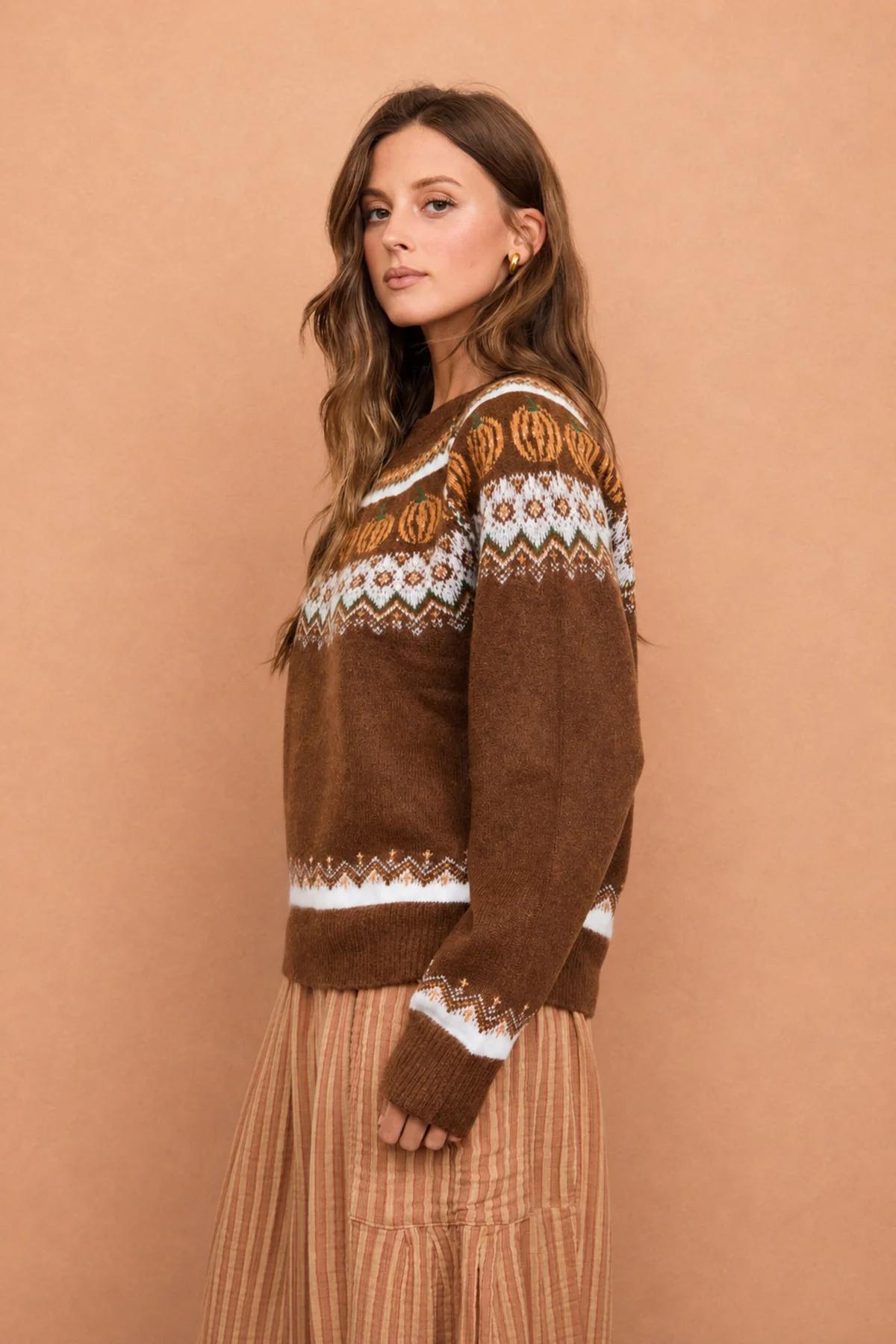 BROWN PUMPKIN FAIR ISLE LONG SLEEVE KNIT SWEATER