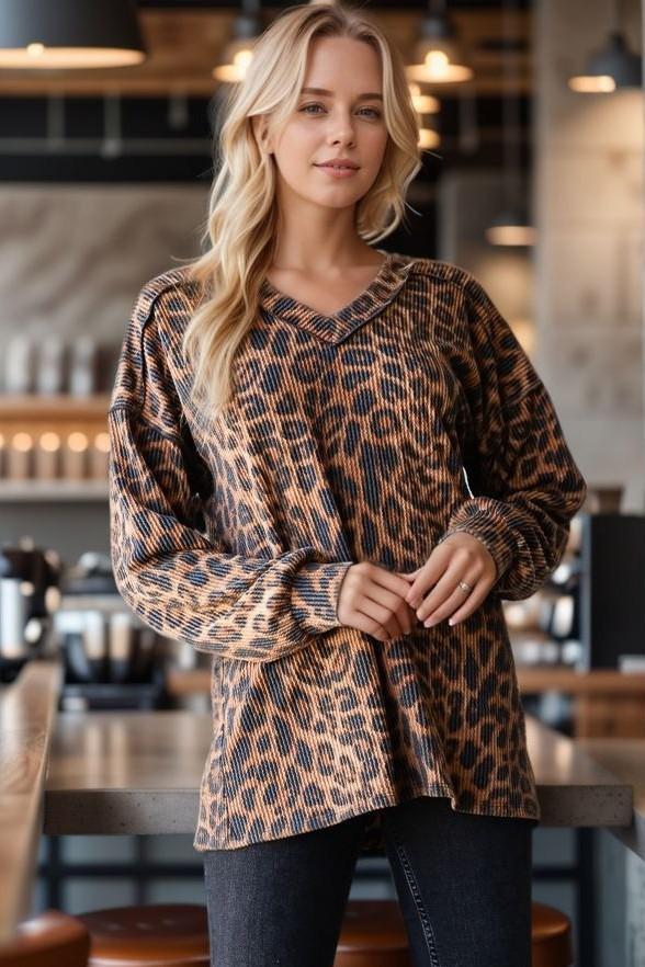 Puff Sleeve V Neck Animal Top