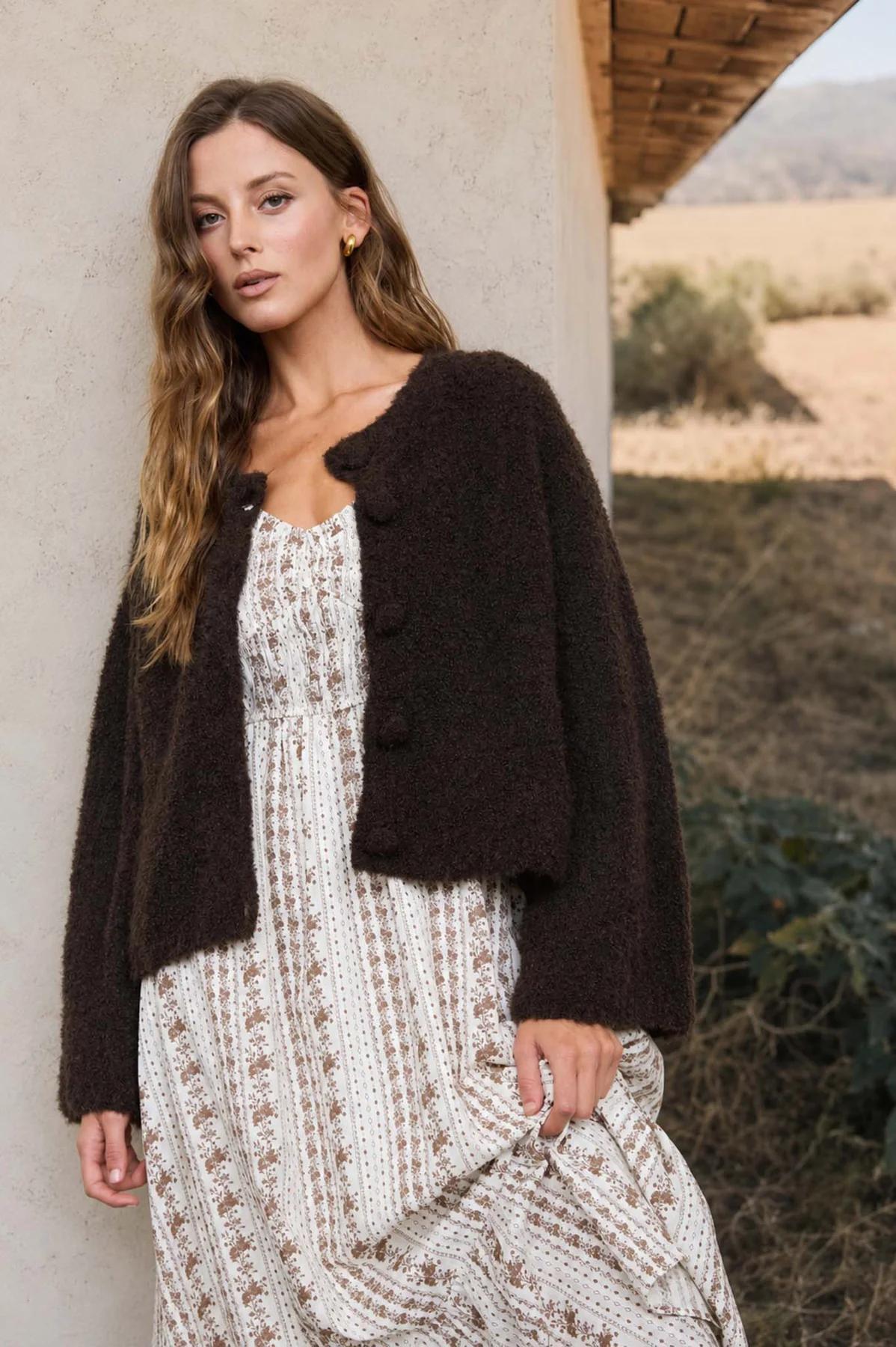 BROWN FLORAL STRIPE PUFF SLEEVE RUFFLED MIDI DRESS