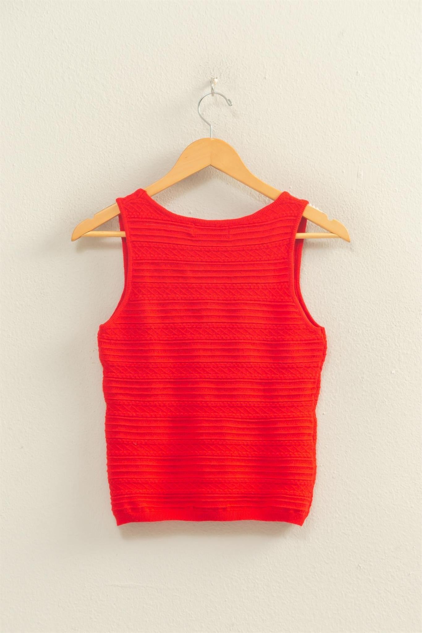 Red Textured Sleeveless Scoop Neck Knit Top