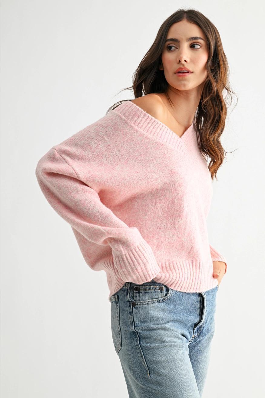 Pink Cozy V-Neck Blue Knit Sweater