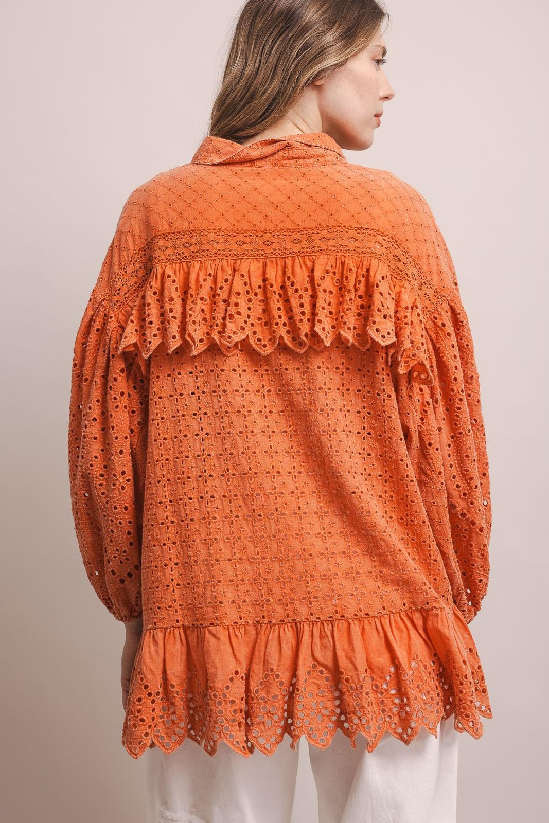 Coral 3/4 Sleeve Balloon Sleeve Eyelet Ruffle Blouse