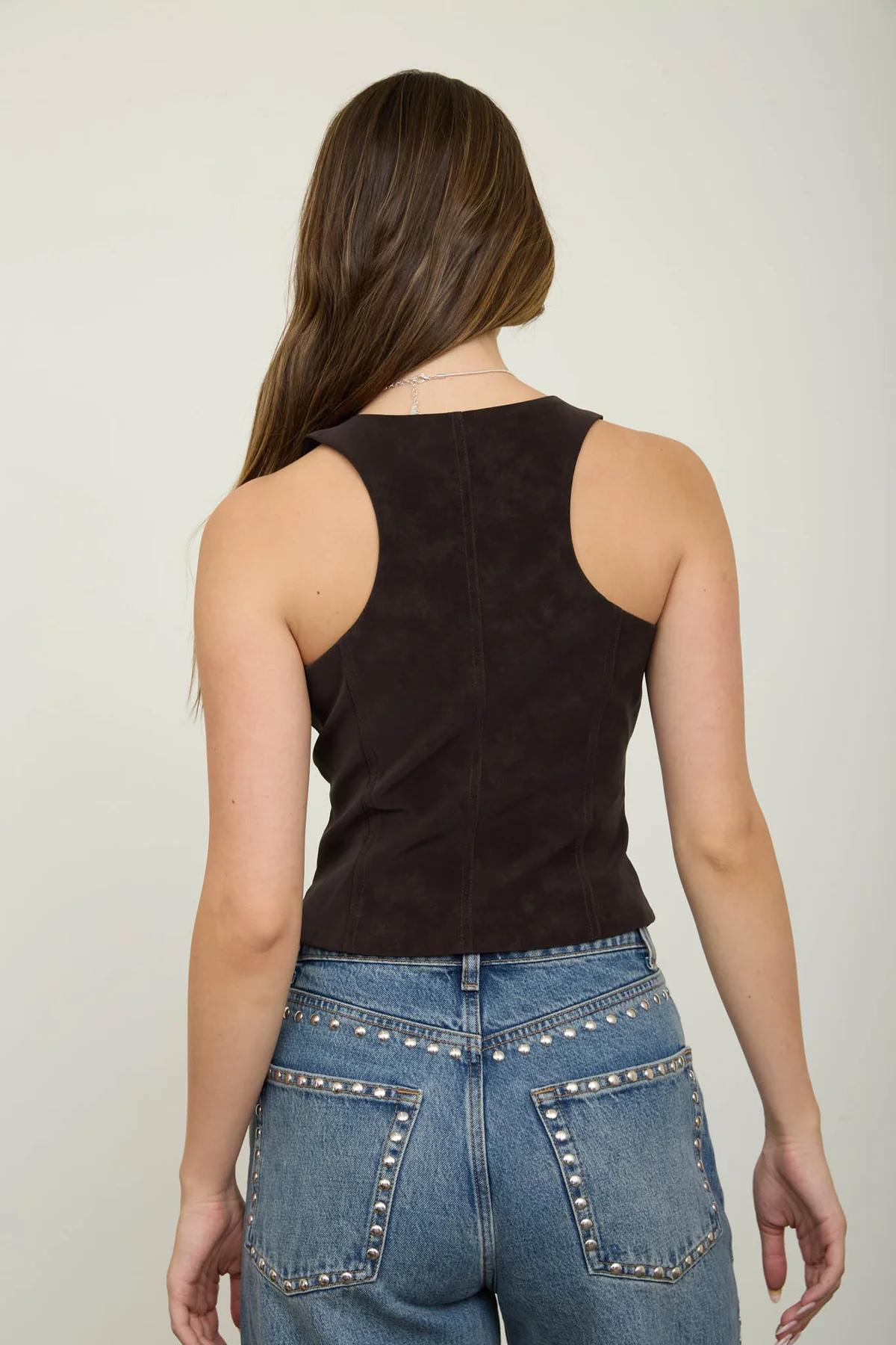 BROWN V-NECK BUTTON DOWN SUEDE VEST