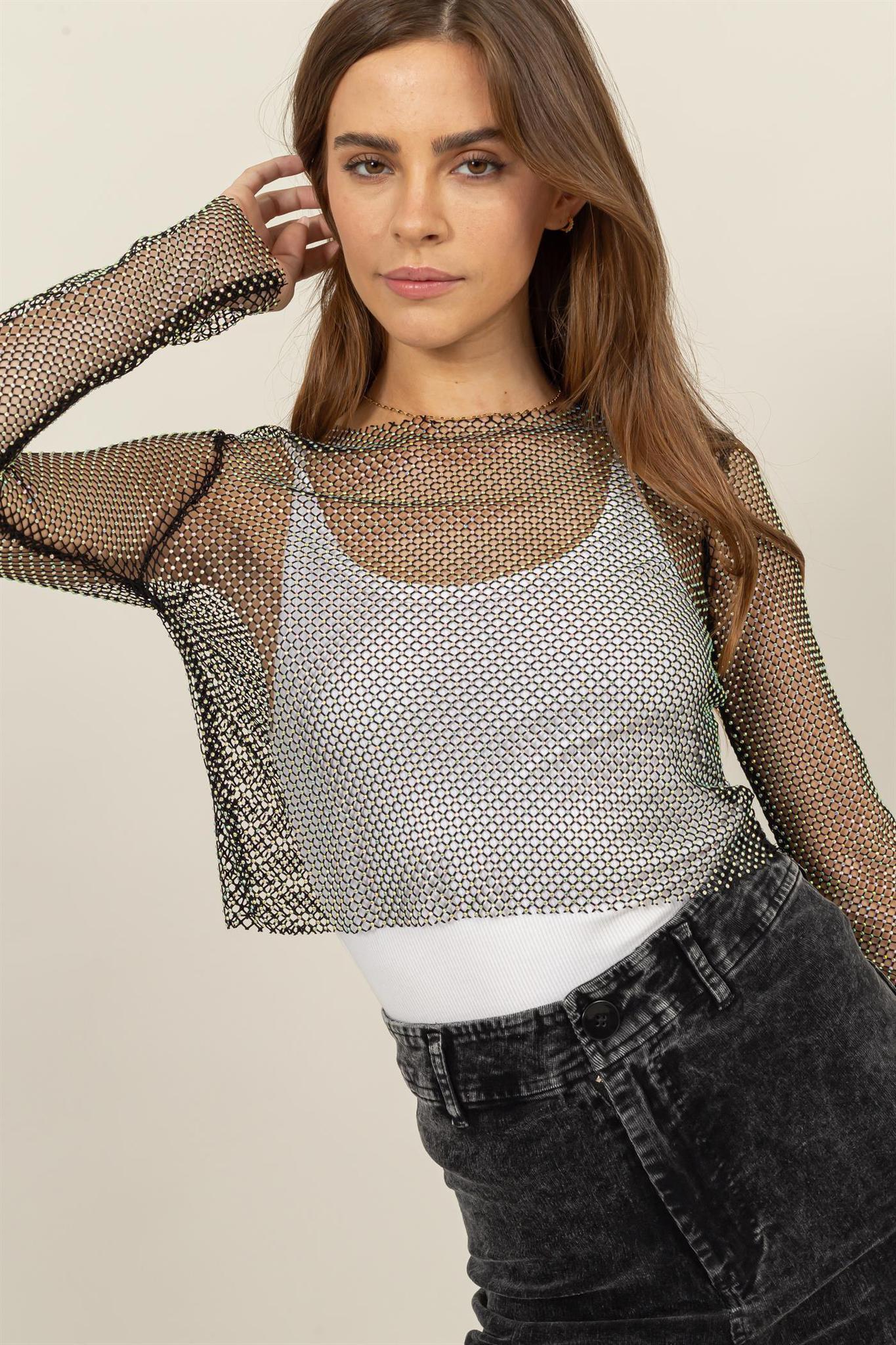 Rhinestone Mesh Top