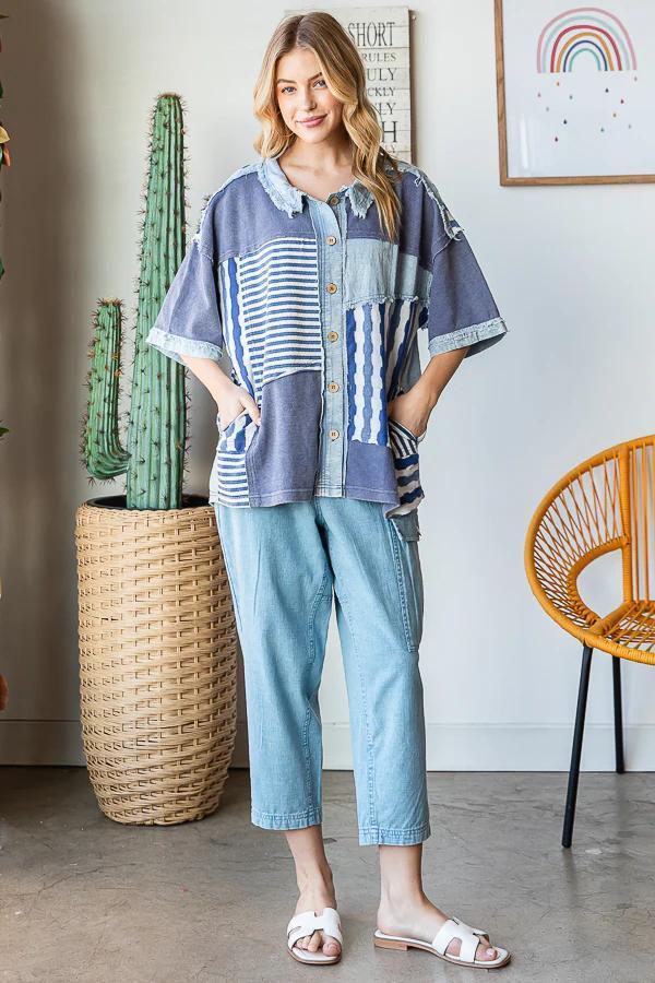 Washed Color Block Short Sleeve Button-Up Top