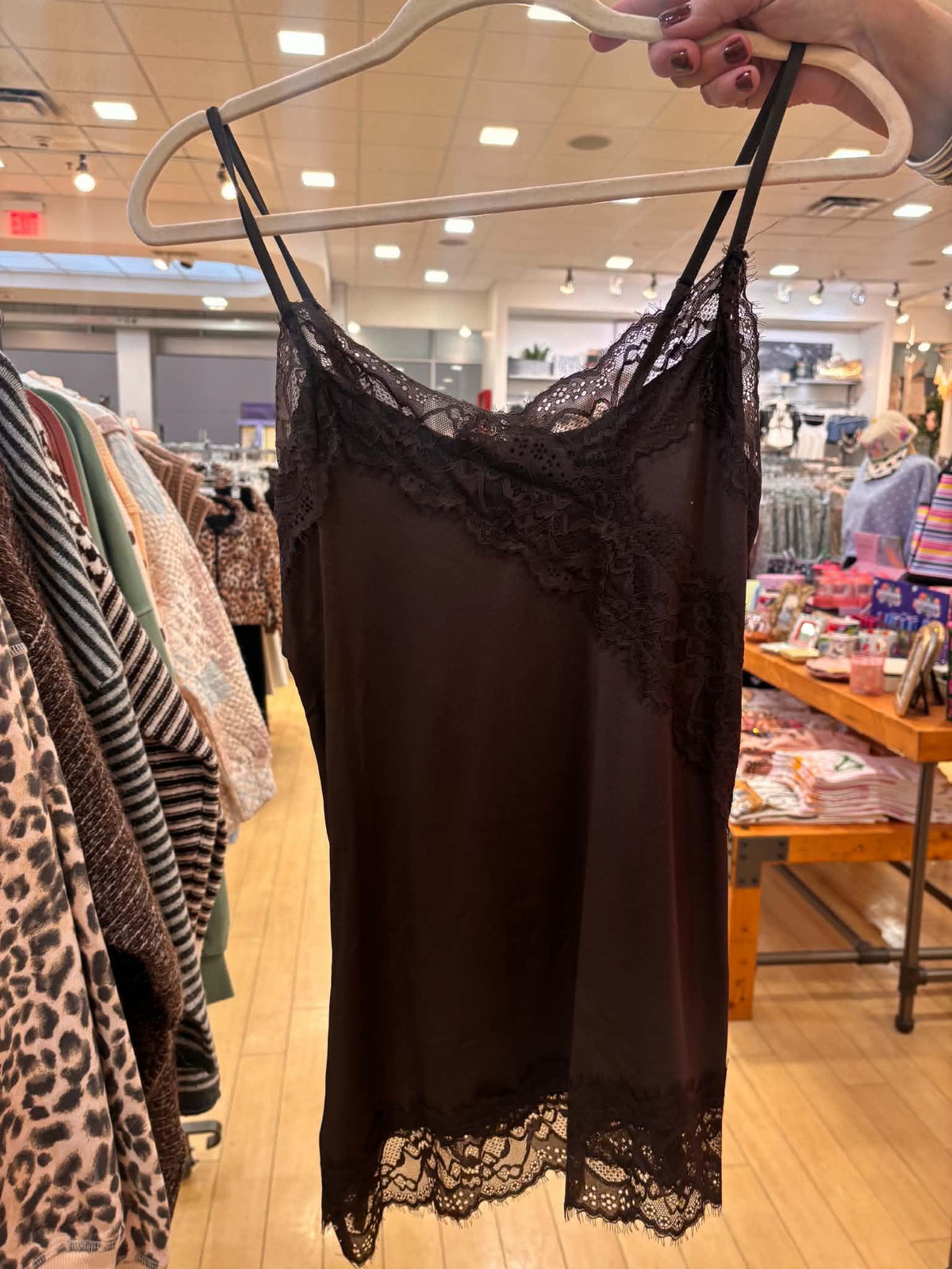 MOCHA BROWN DIAGONAL LACE TRIM KNIT CAMI TOP