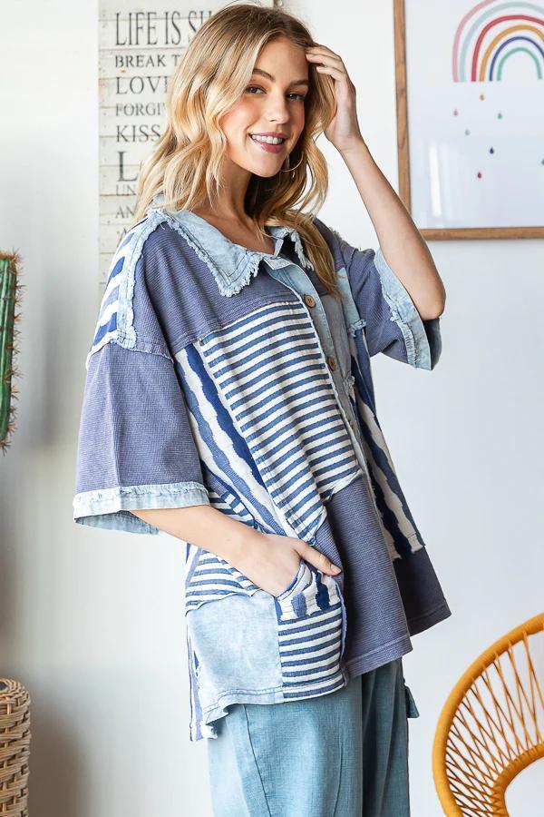 Washed Color Block Short Sleeve Button-Up Top