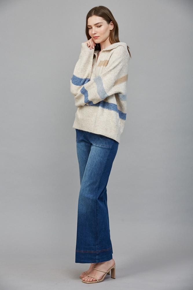 Ribbed Wide Collar With V-slit Striped Sweater