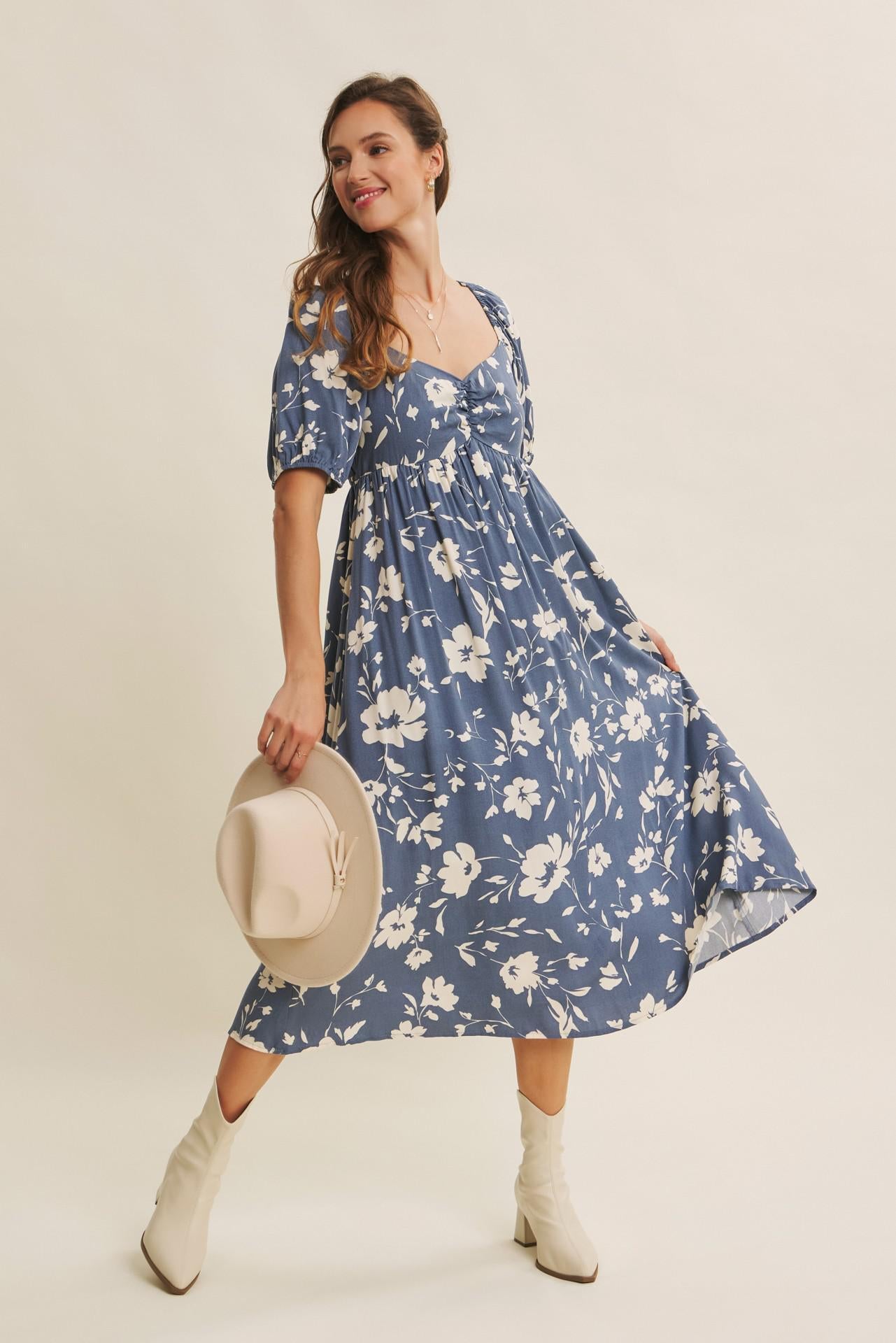 Vintage Denim Flowy Sweetheart Neck Midi Dress