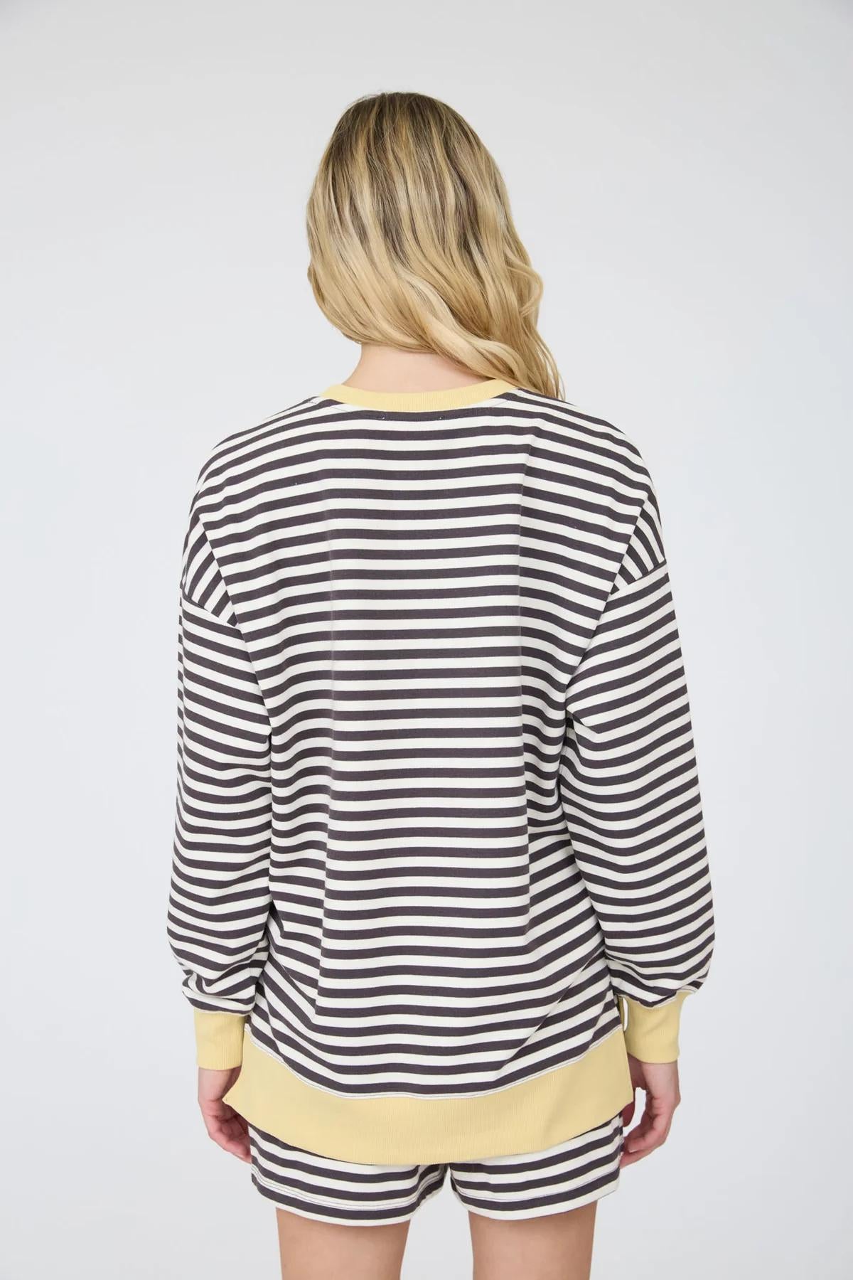 CHARCOAL BUTTER STRIPED BOXY LONG SLEEVE CONTRAST KNIT TOP