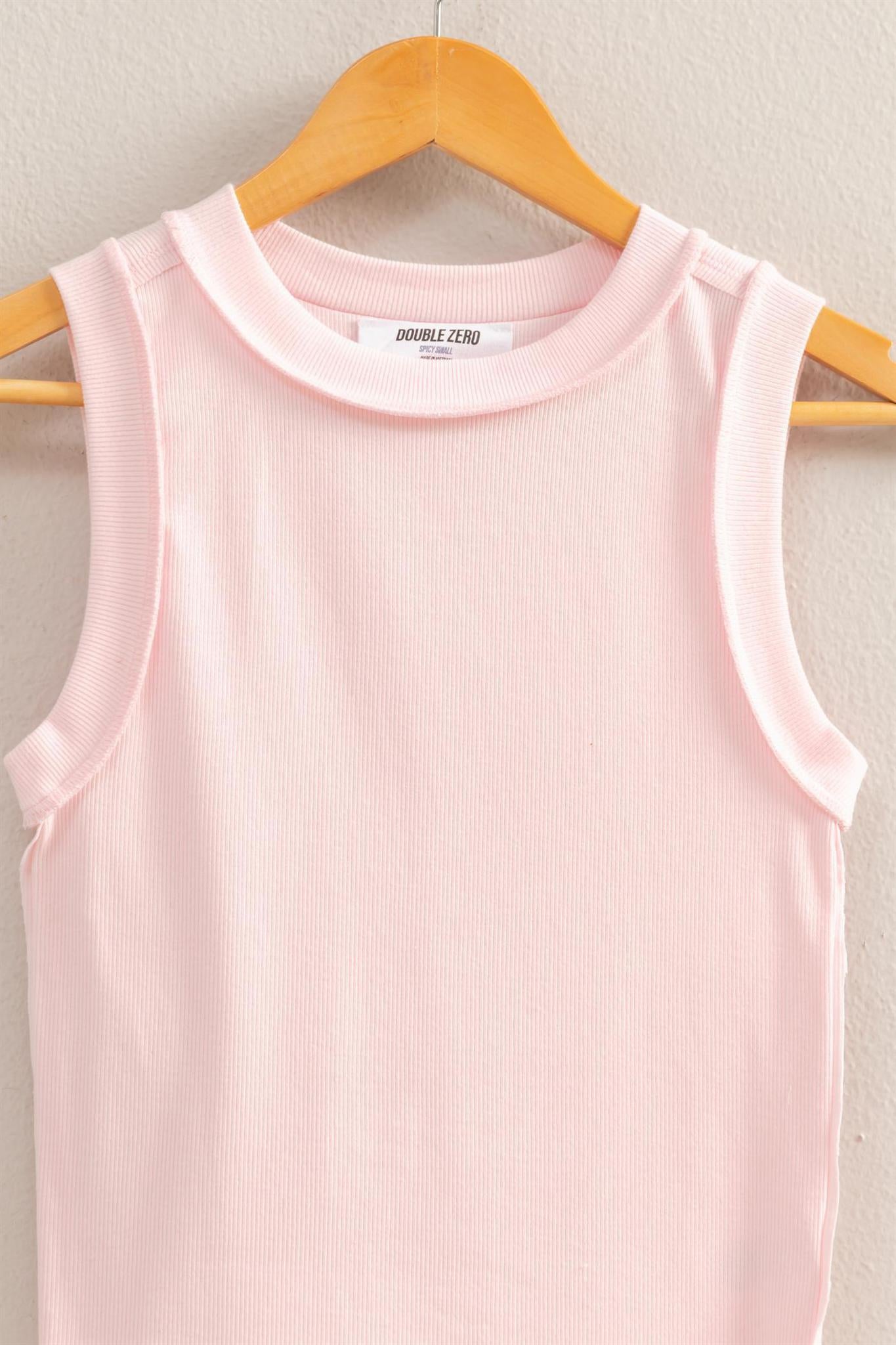 Soft Pink Round Neck Ribbed Tank Top