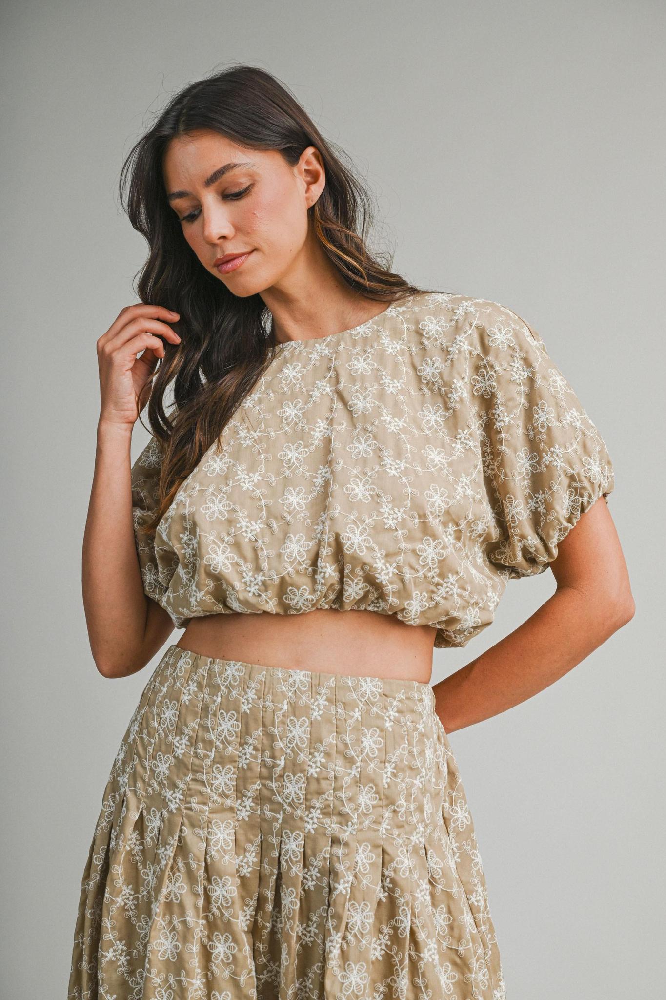 Embroidered Puff Crop Top And Midi Skirt Set