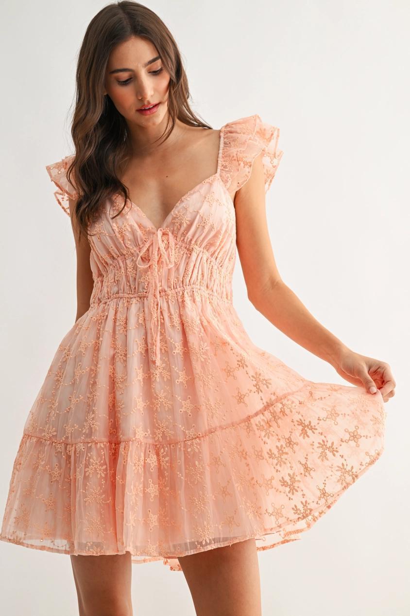 Chiffon Flutter Embroidered Sleeve Mini Dress - Coral