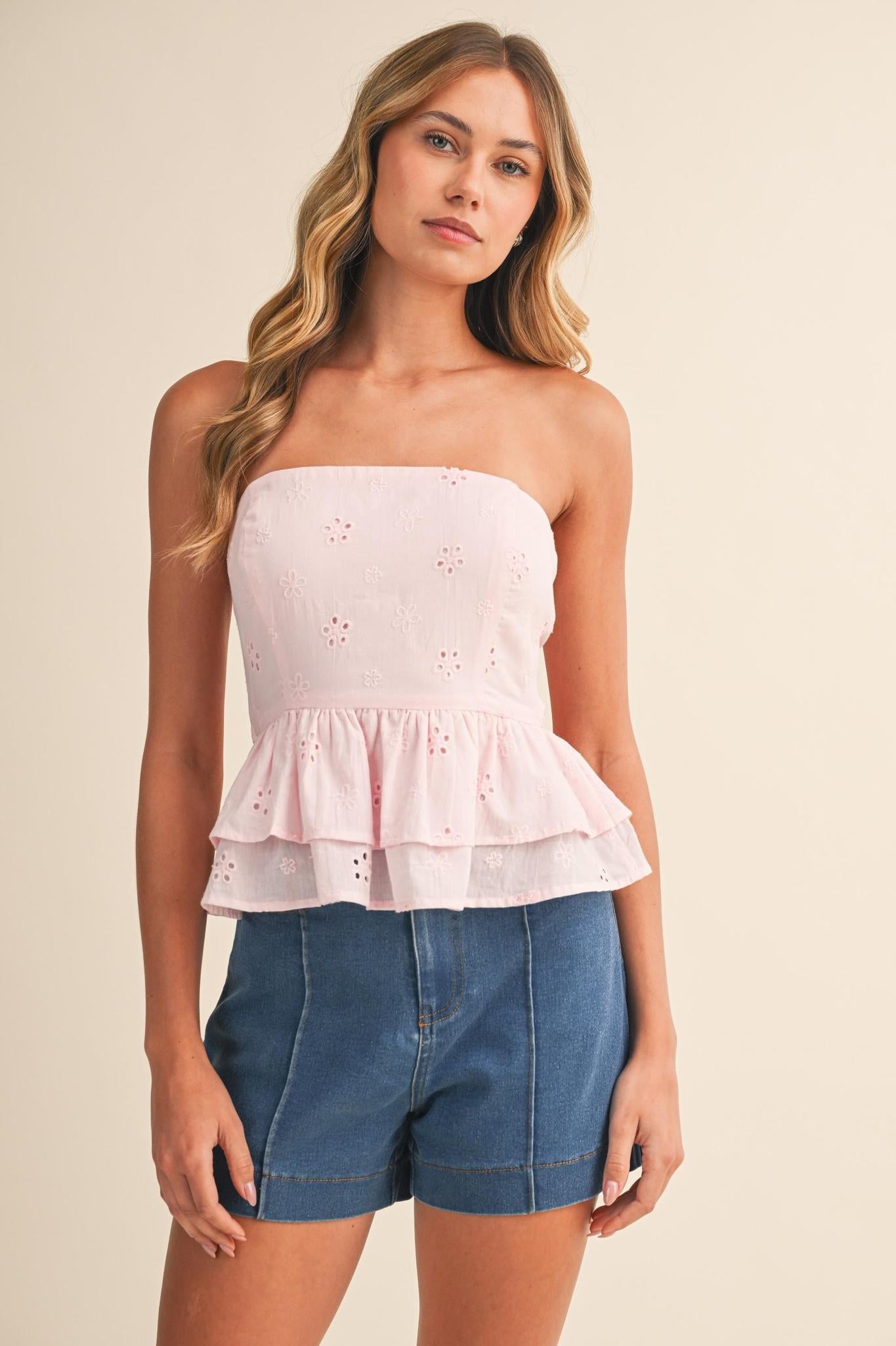 Eyelet Tiered Peplum Back Tie Top