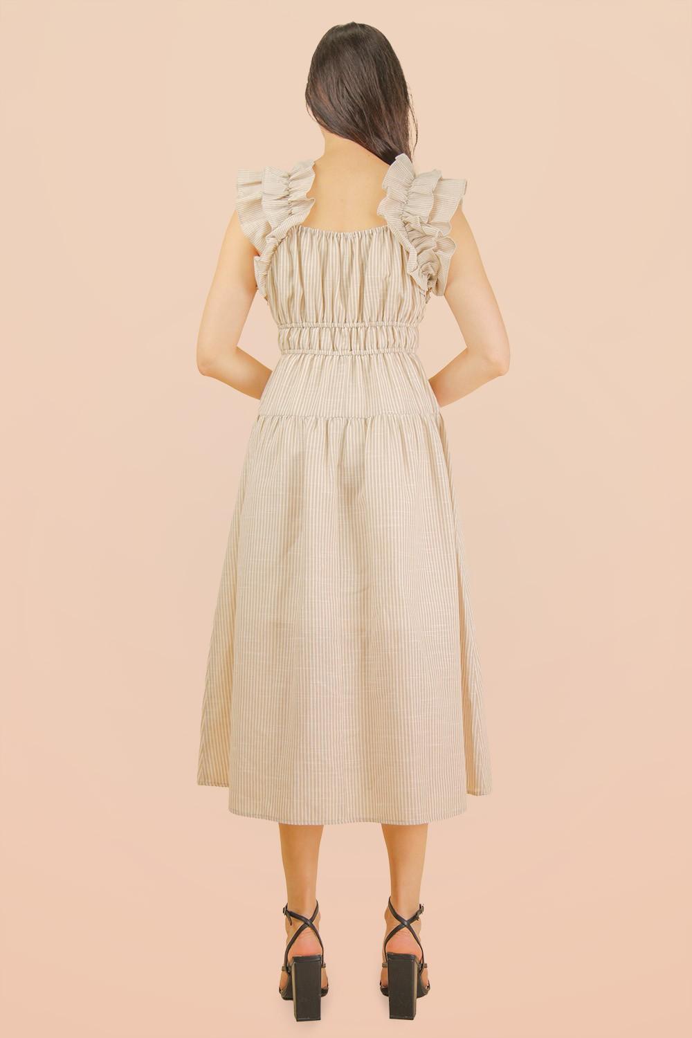 Taupe Shoulder Ruffle Detail Stripe Midi Dress