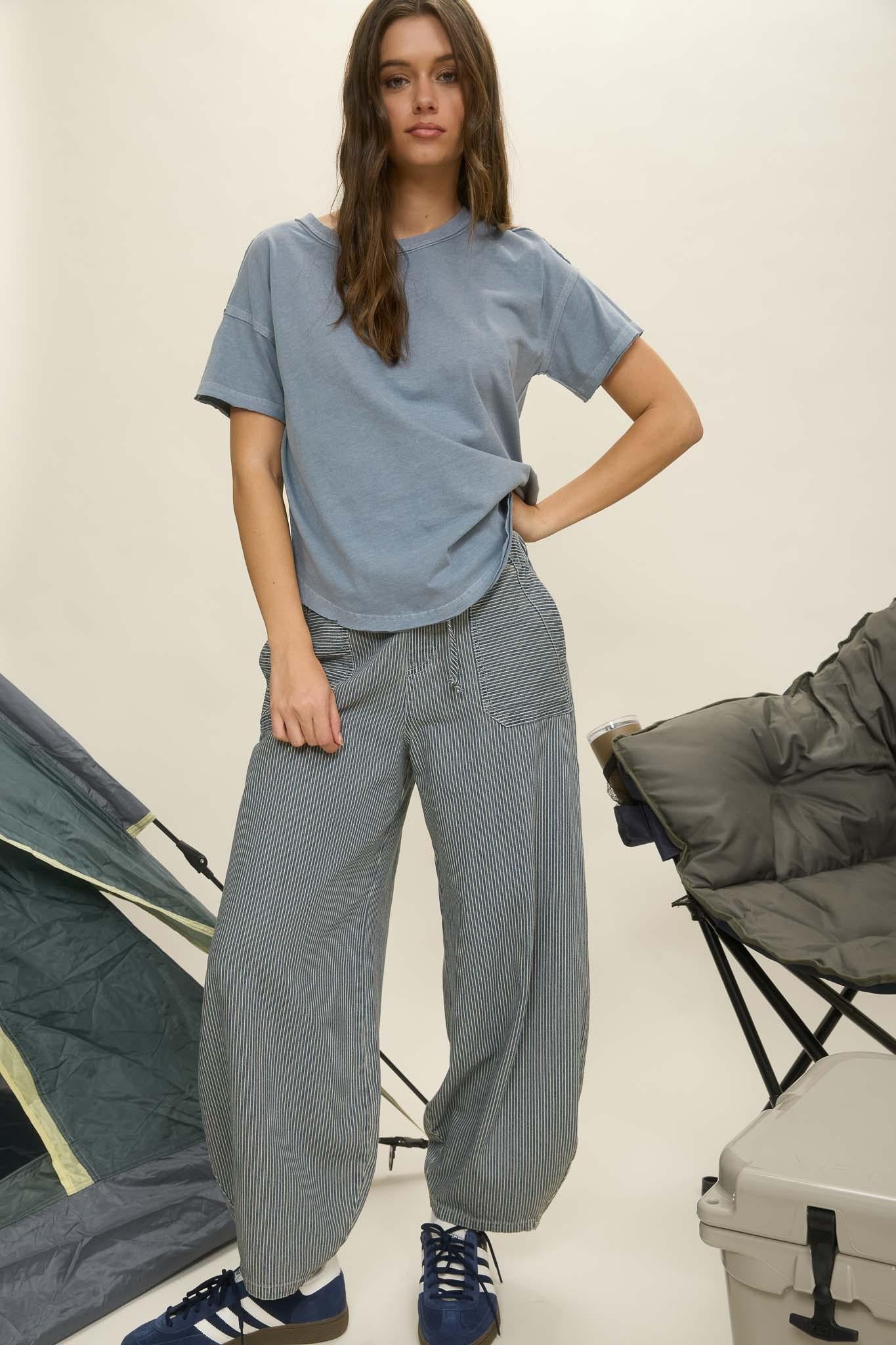 Stripe Denim Waist Tie Parachute Pants