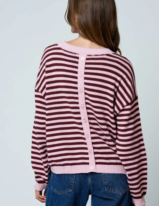 STRIPE RELAXED BACK BUTTON DETAIL KNIT SWEATER - LIGHT PINK