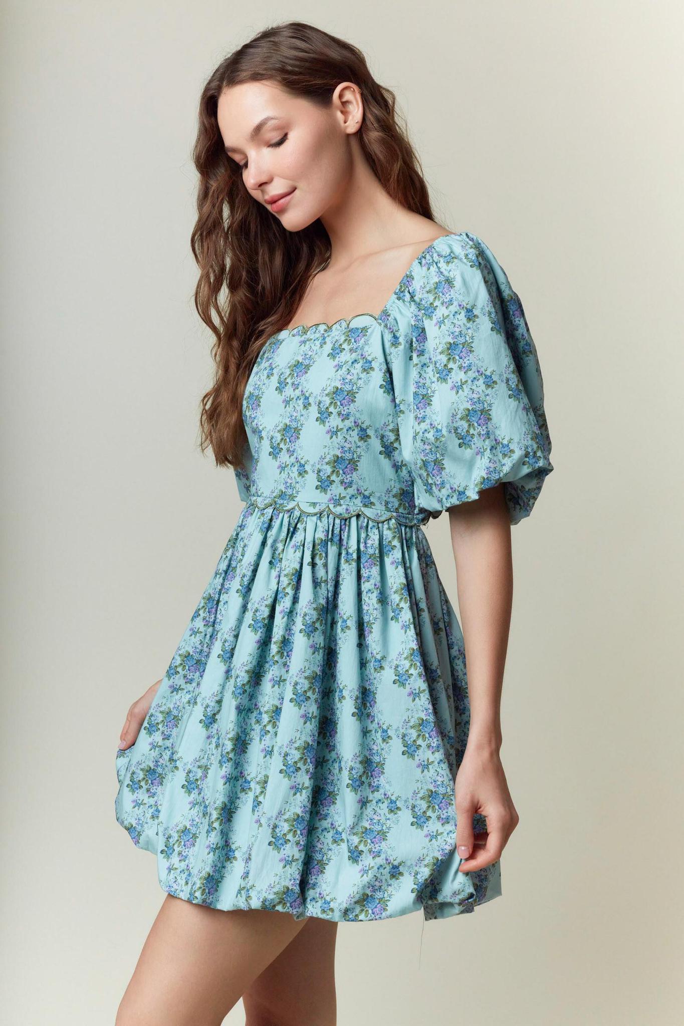 Emerald Floral Printed Scallop Embroidery Mini Dress