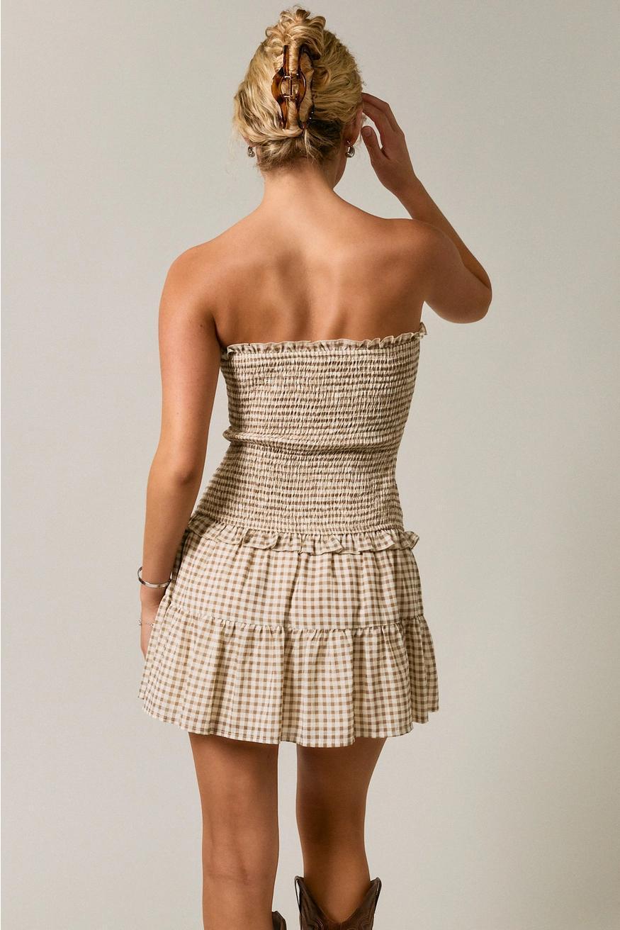 Smocked Gingham Bodice Low Waist Tube Dress