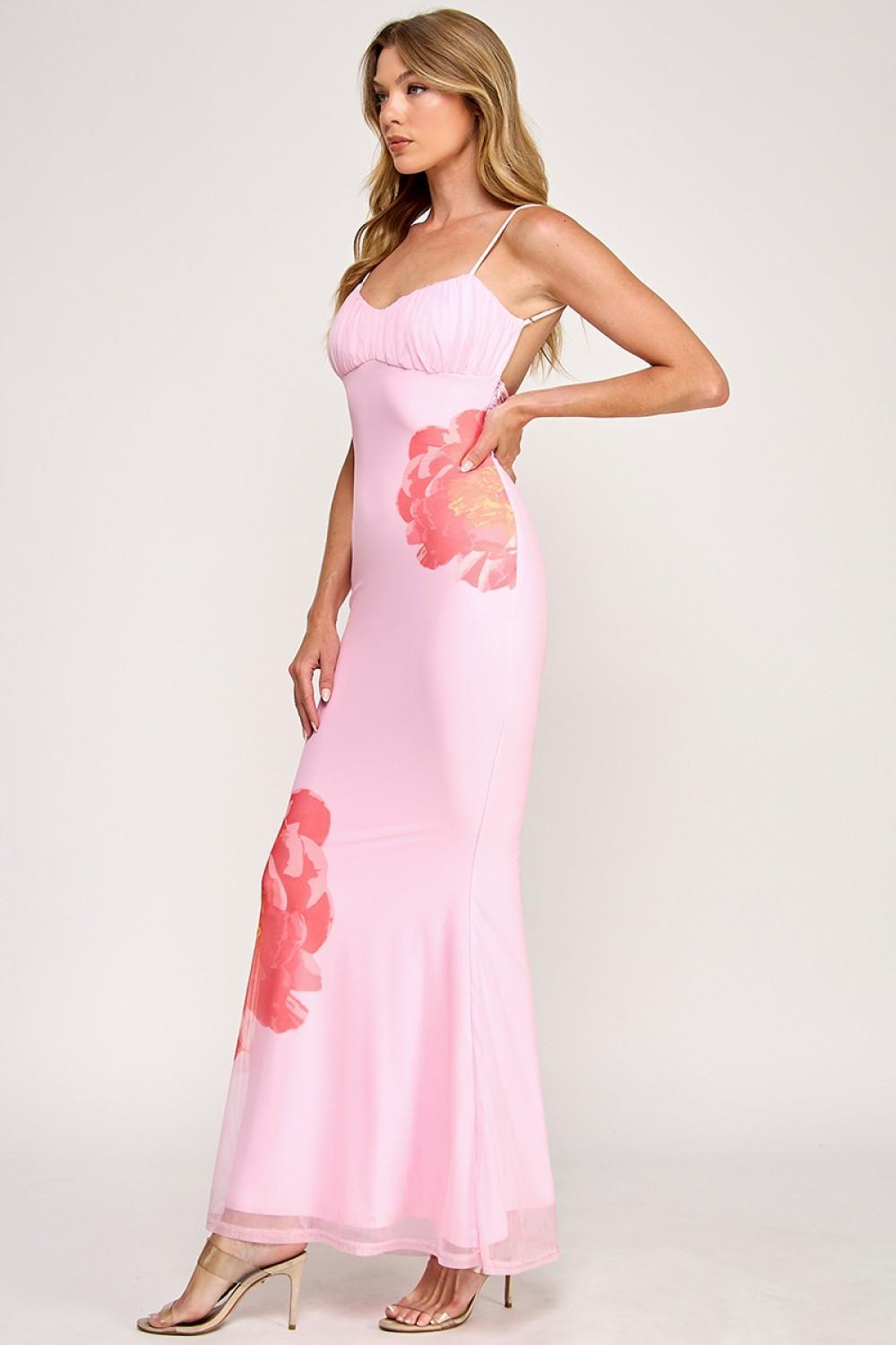 Pink Mesh Big Flower Maxi Dress