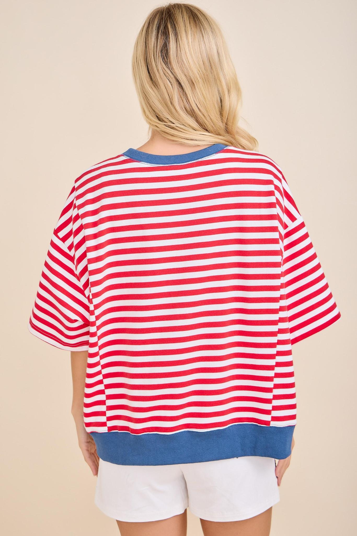 USA Rope Embroidery Striped Top