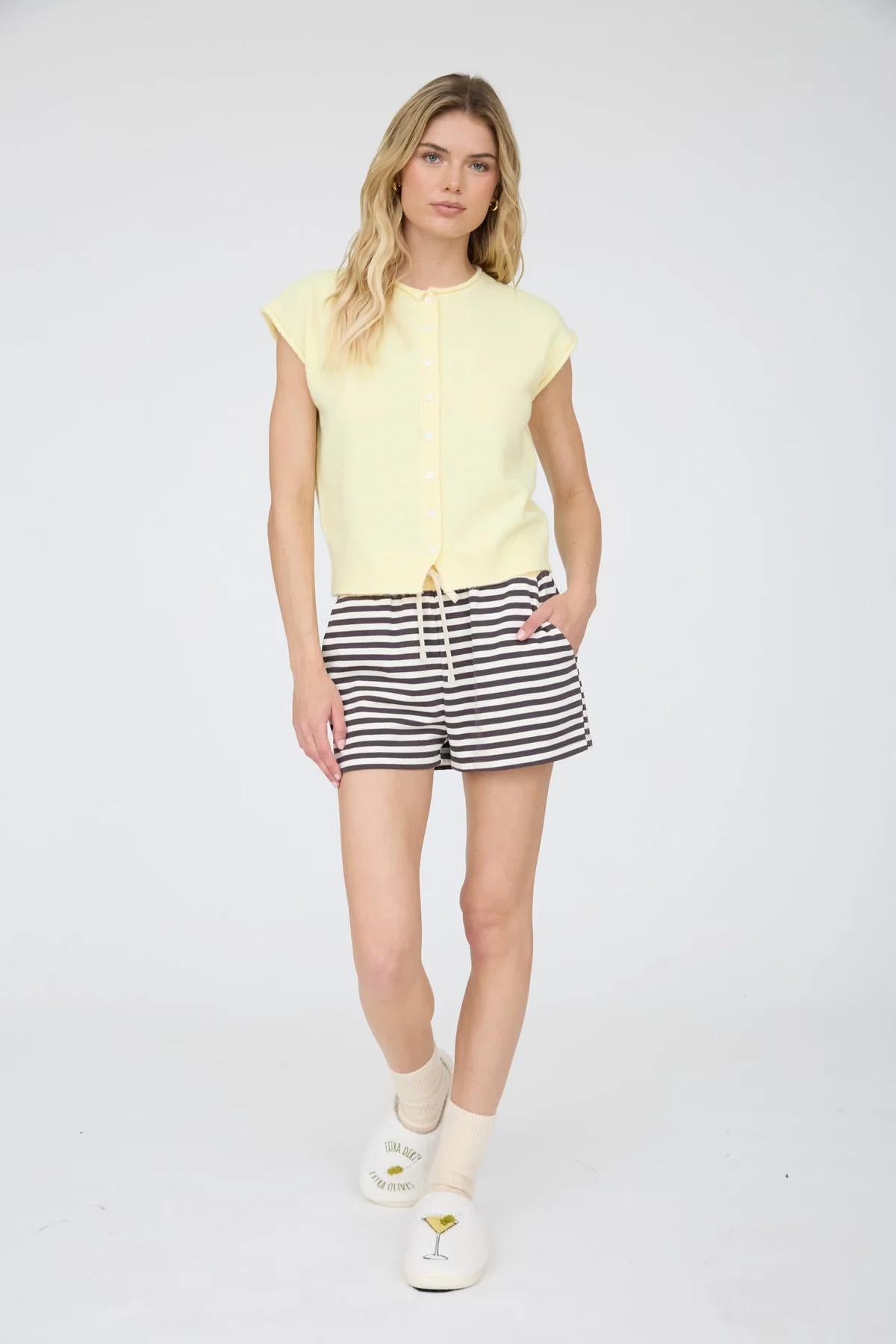 CHARCOAL BUTTER STRIPED CONTRAST RIBBED WAIST KNIT SHORTS