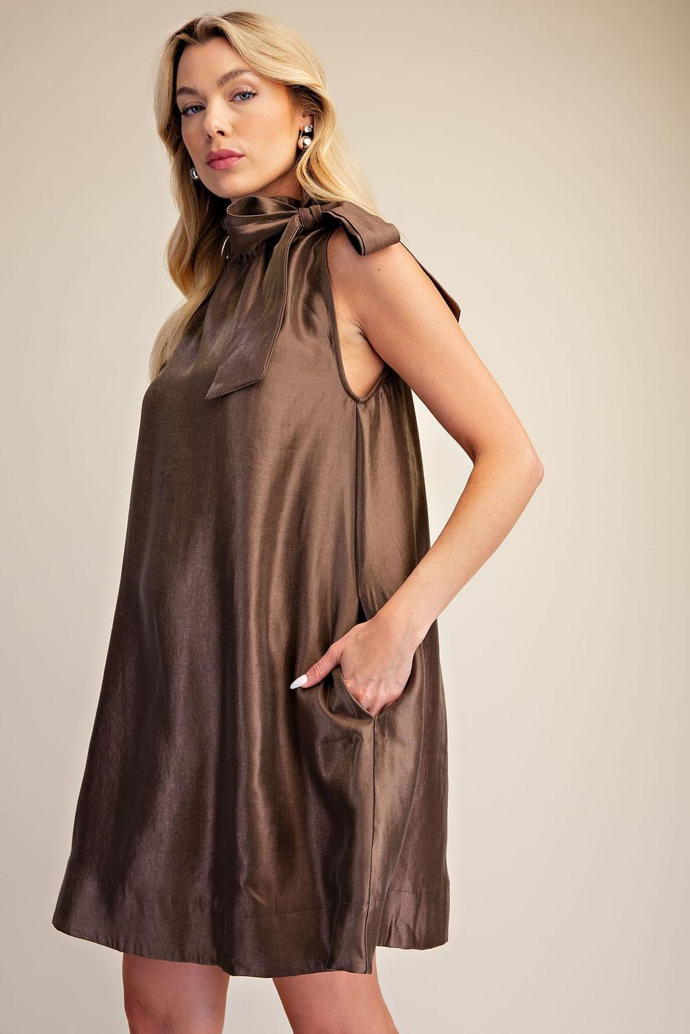 Mocha Ruffle Tie Neck Sleeveless Side Pocket Mini Dress