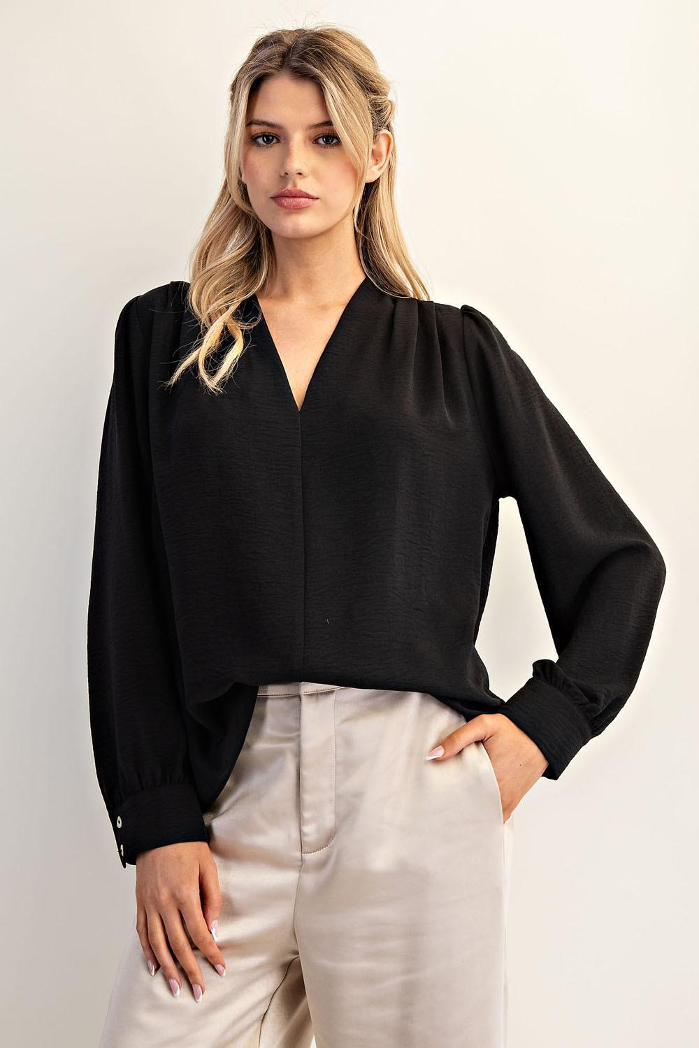 Black V-neck Long Sleeve Top