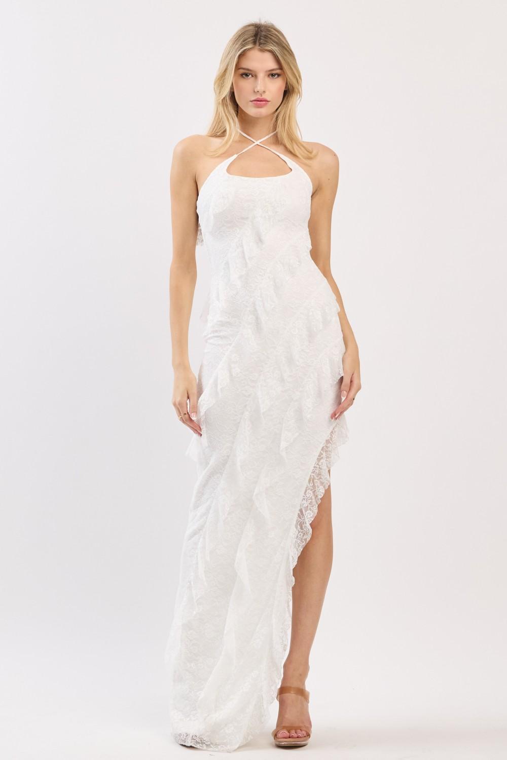 White Lace Halter Neck Ruffle Maxi Dress