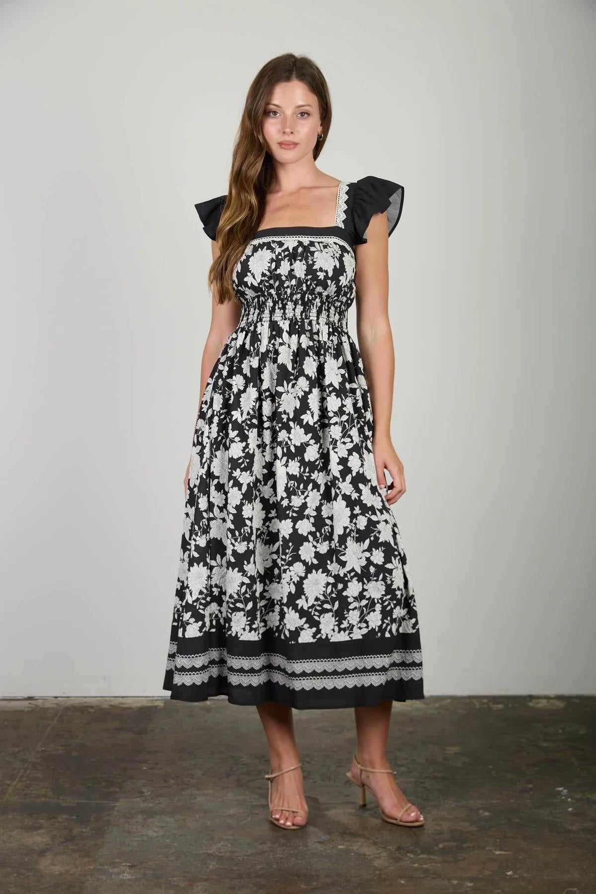 BLACK FLORAL BORDER DETAIL SMOCKED WAIST MIDI DRESS