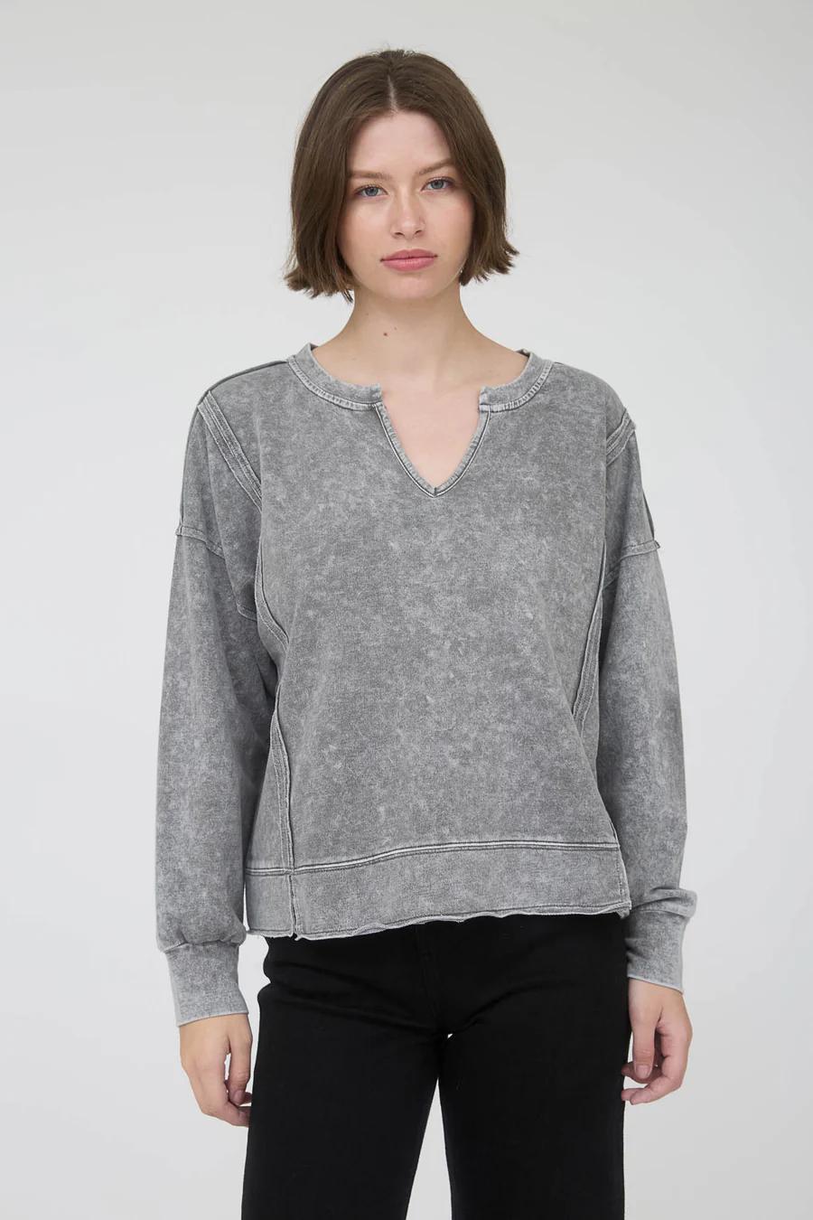 Washed Exposed Seam Long Sleeve Knit Top