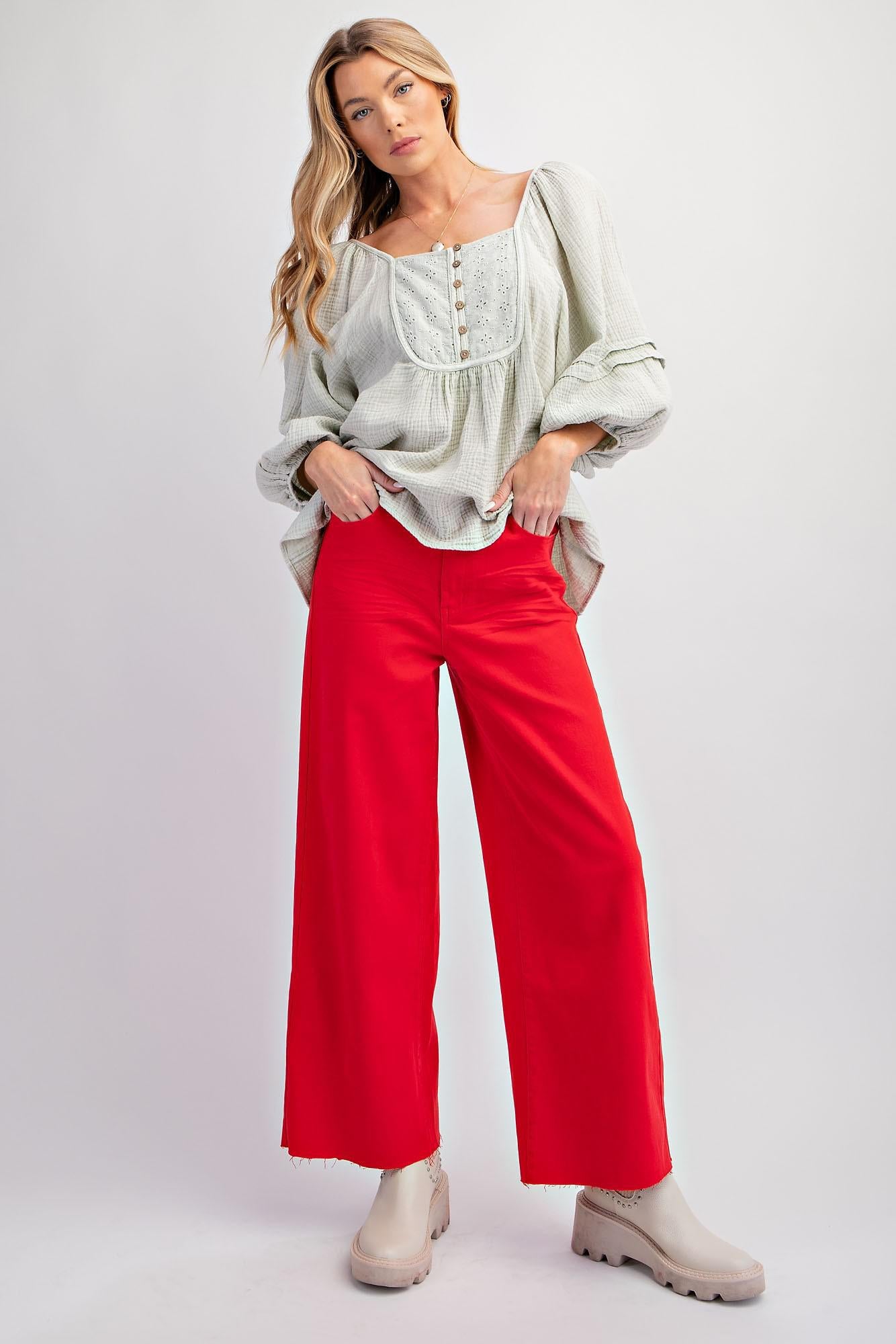 Red Twill HW Wide Leg Pants