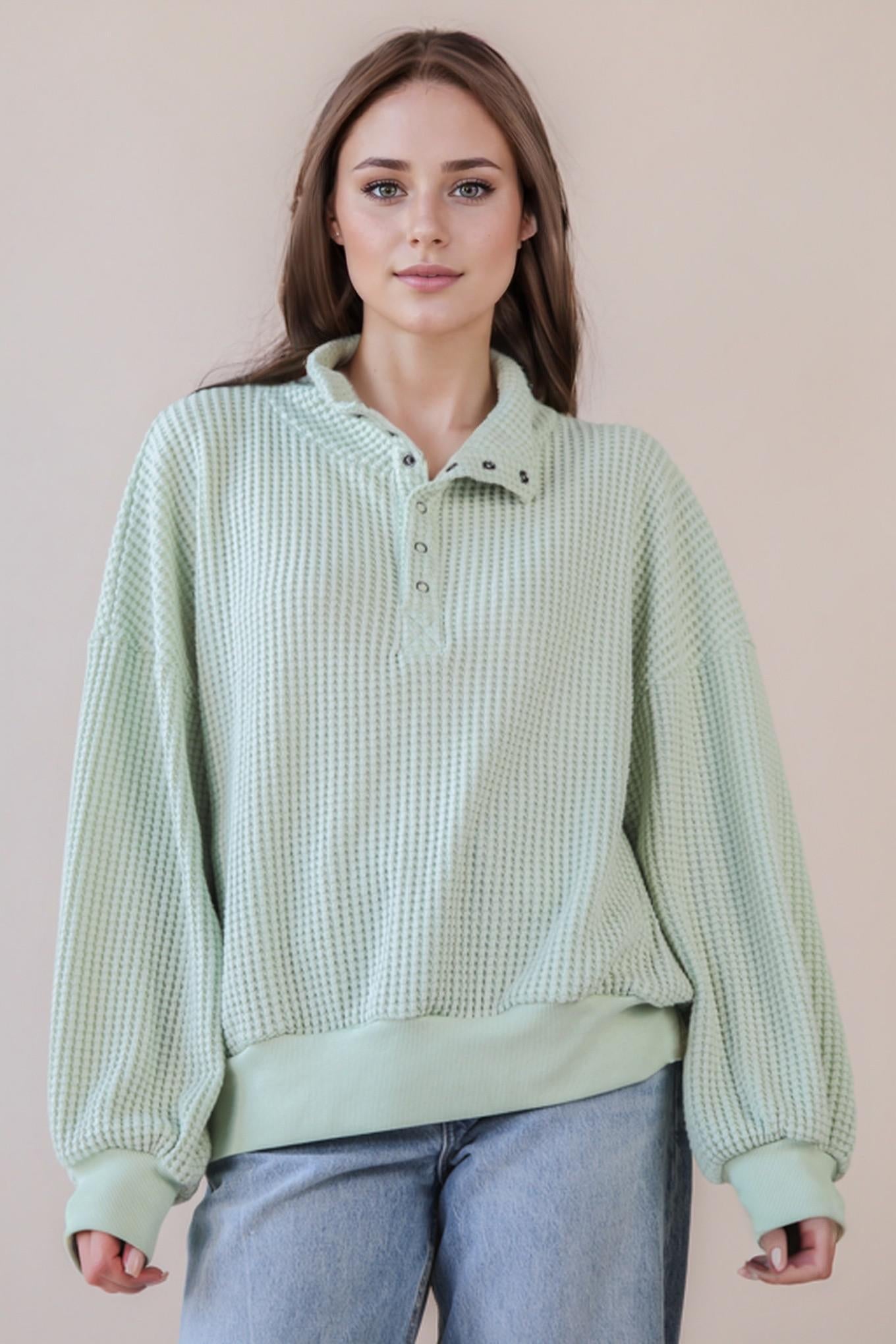 Oversized Half Button Waffle Knit Top