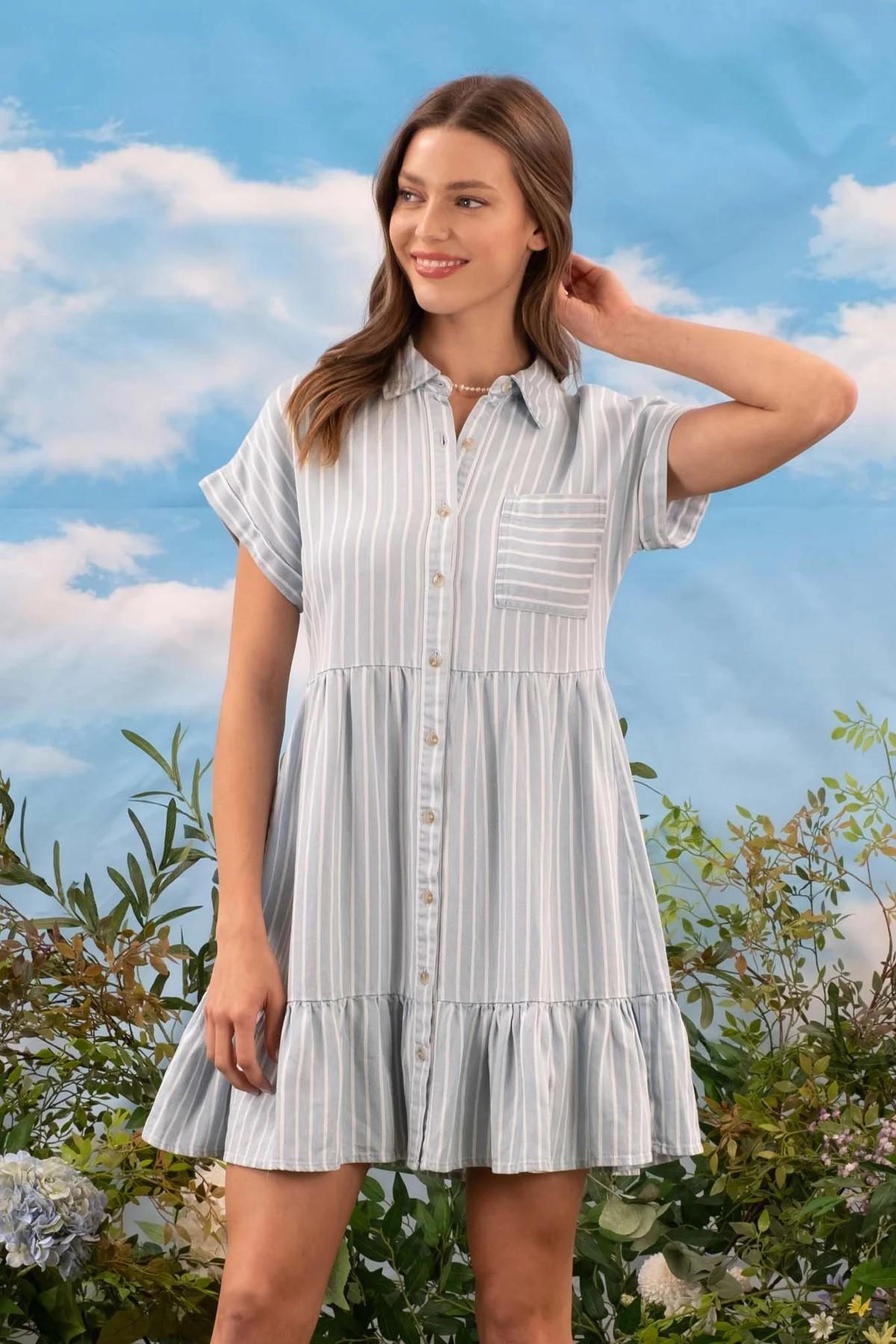 Striped Button-Down Ruffle Hem Mini Dress