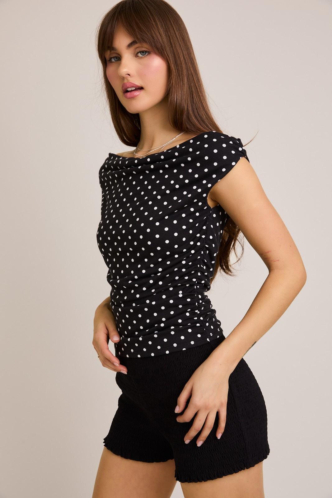 Polka Dot Off Shoulder Top - Black with White Dots