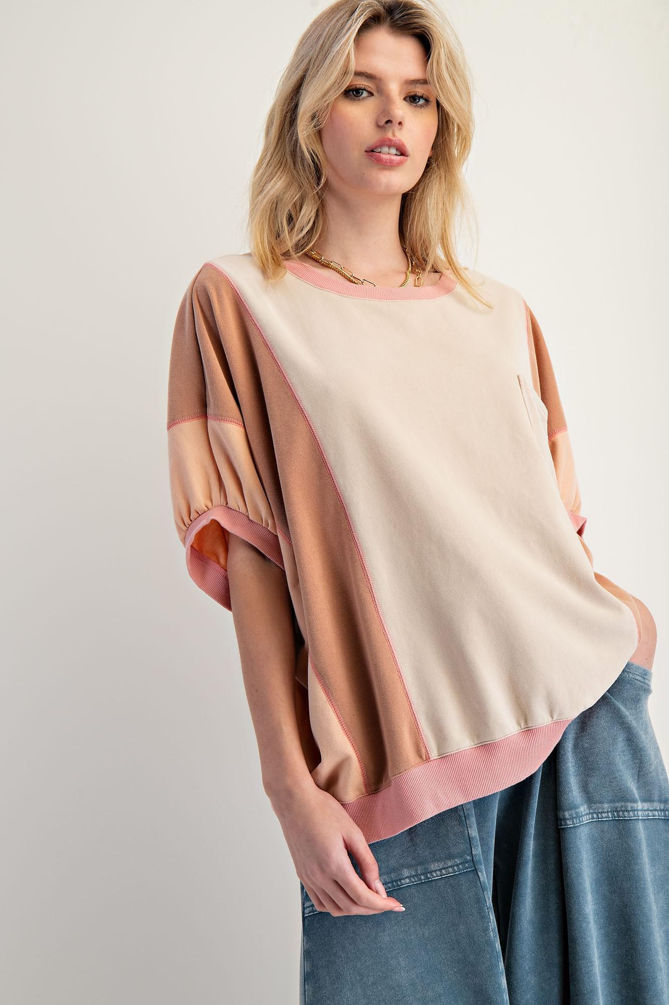 Color Block Mineral Washed Terry Knit Top