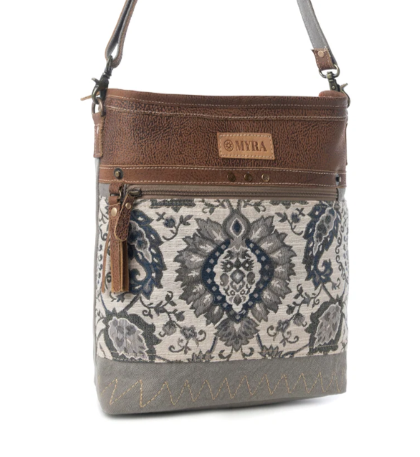 Sagebrook Jacquard upcycled canvas Bag for Women in sage with leather detail