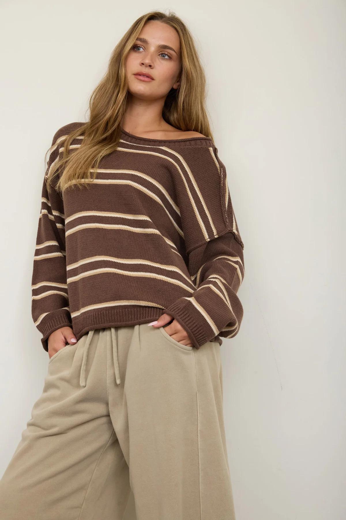 BROWN MULTI EXPOSED SEAM STRIPED ROUND NECK PULLOVER