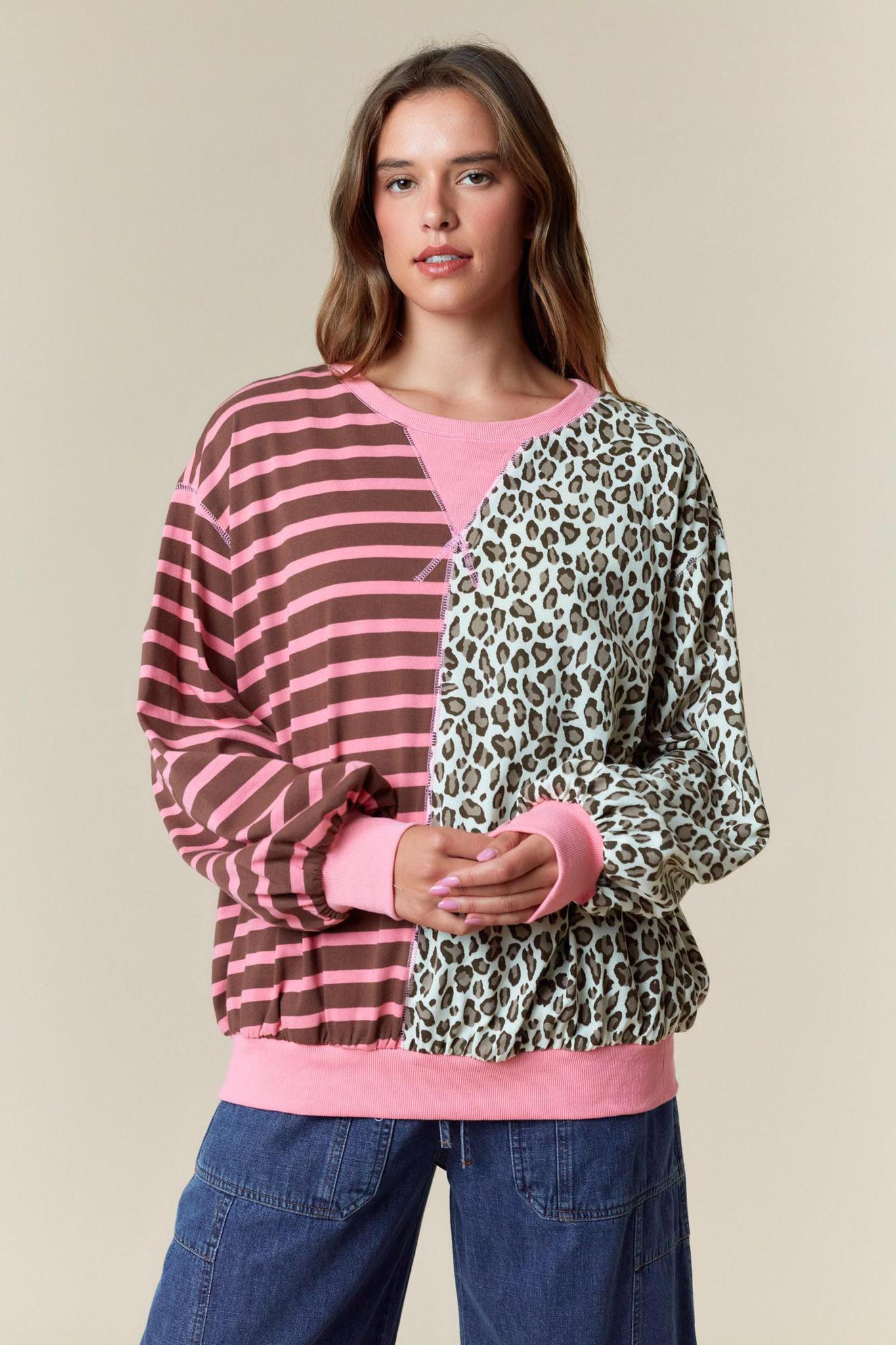 Half&half Color Block Stripe & Leopard Sweatshirt