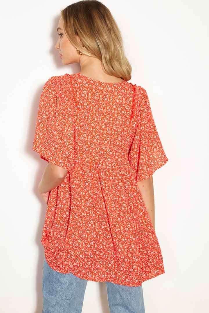 Coral Abstract Ditsy Print Empire Waist Blouse