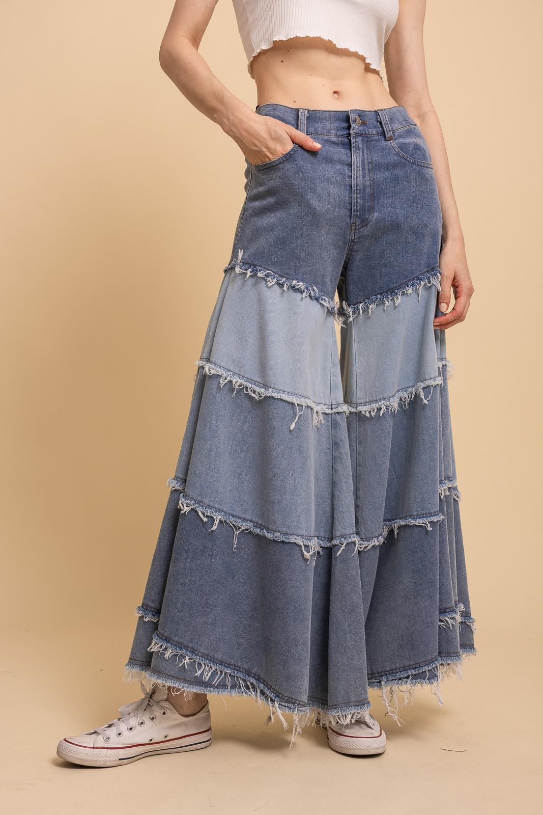 Tiered Contrast Denim Wide Leg Pants