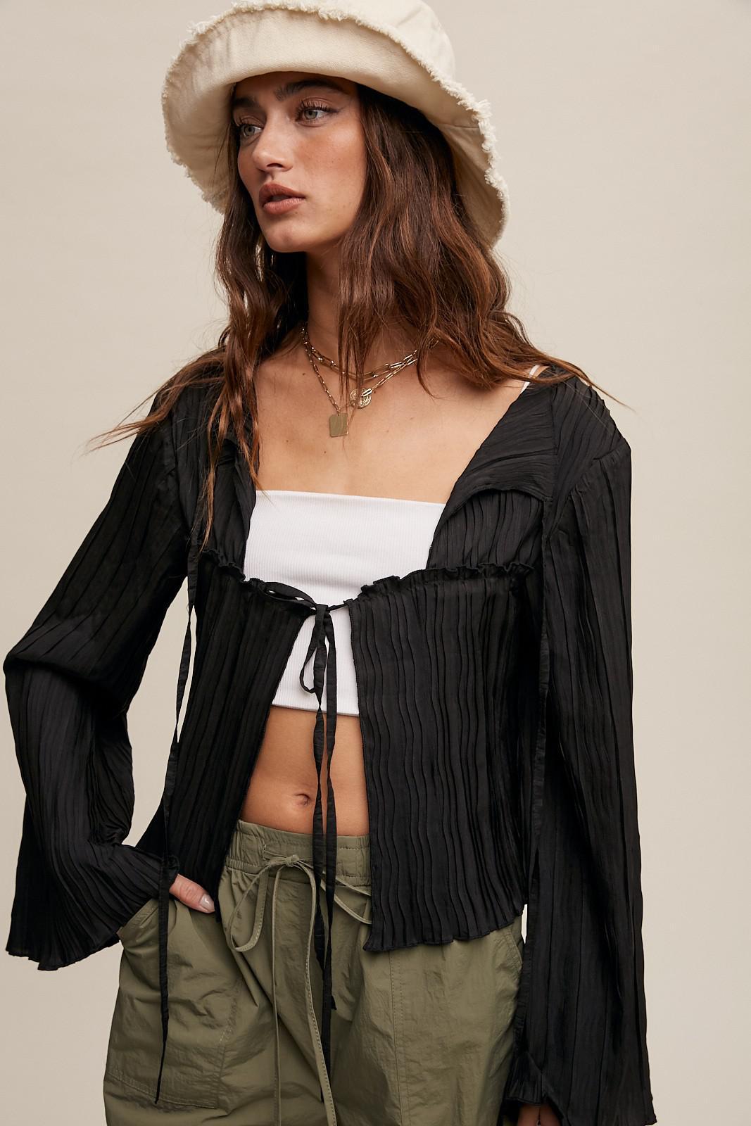 Double Bow Tie Plisse Blouse