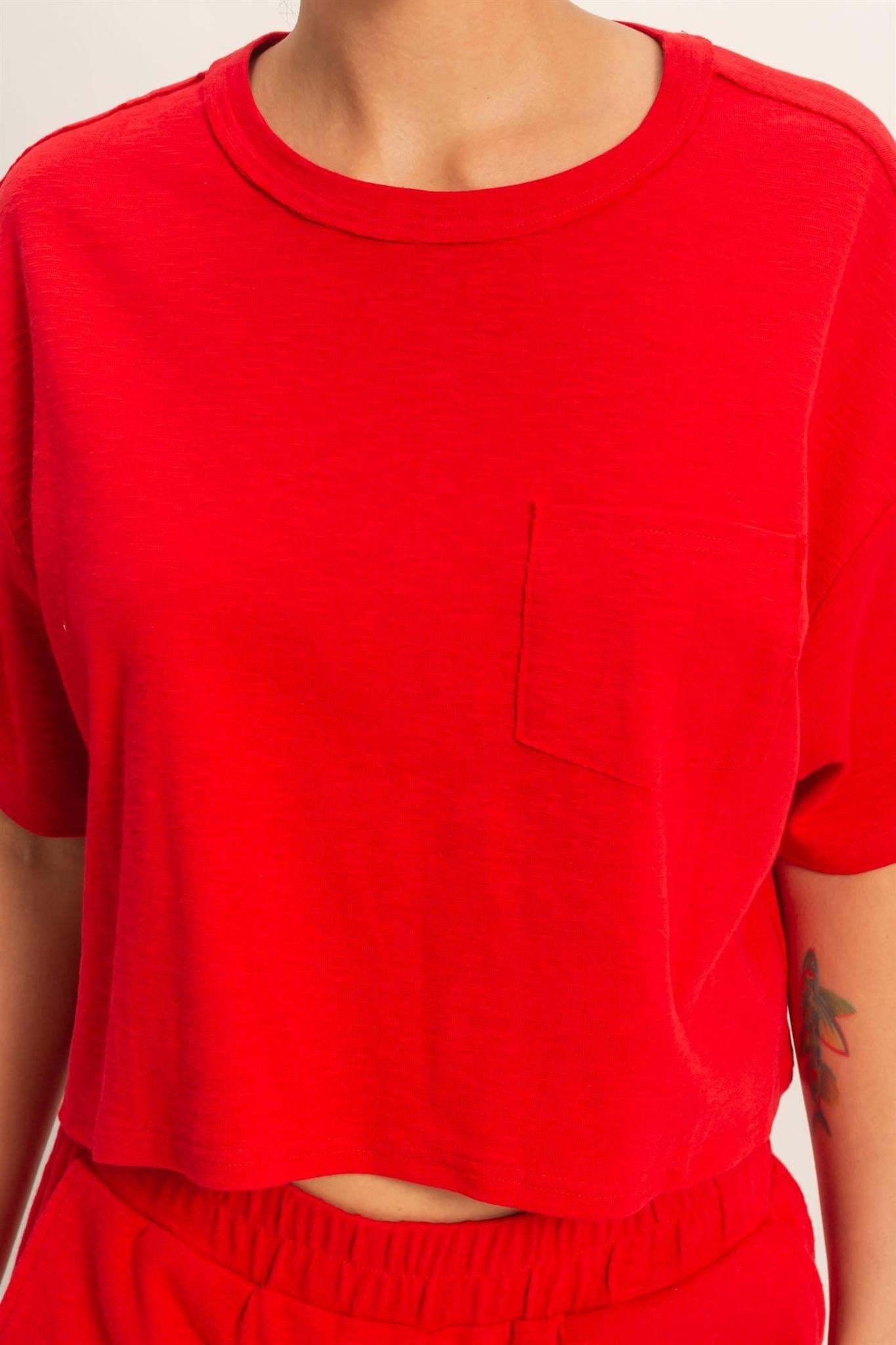 Boxy Crew Neck Top With Pocket