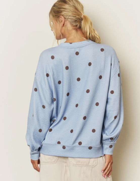 LIGHT BLUE - POLKA DOT LONG SLEEVE TEXTURED KNIT TOP