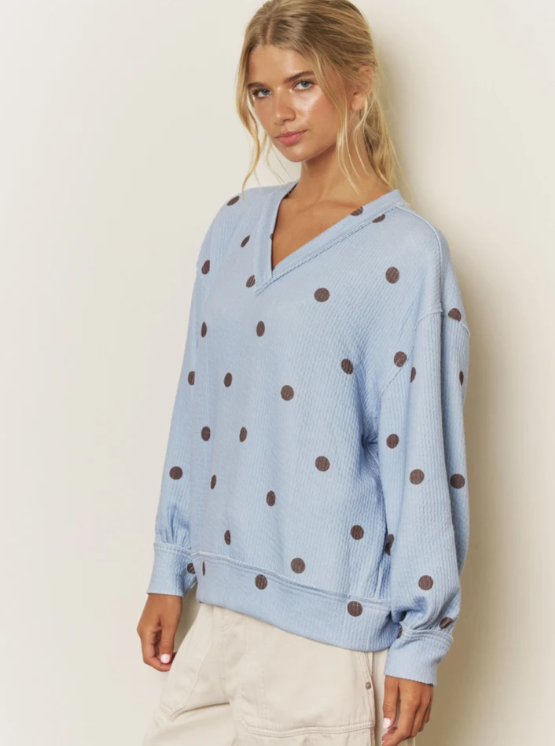 LIGHT BLUE - POLKA DOT LONG SLEEVE TEXTURED KNIT TOP